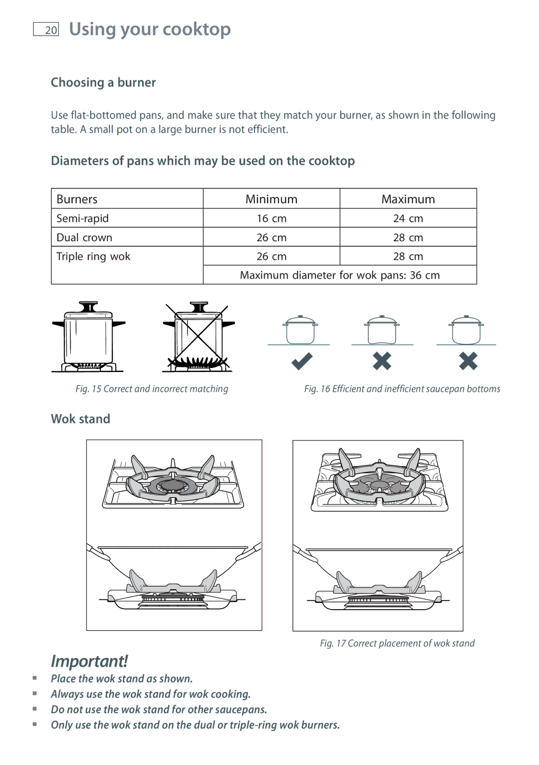 Fisher & Paykel OR120 Choosing a burner, Diameters of pans which may be used on the cooktop, Wok stand 