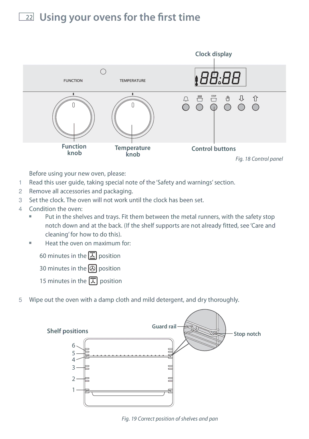 Fisher & Paykel OR120 Using your ovens for the first time, Clock display Function Temperature Control buttons 