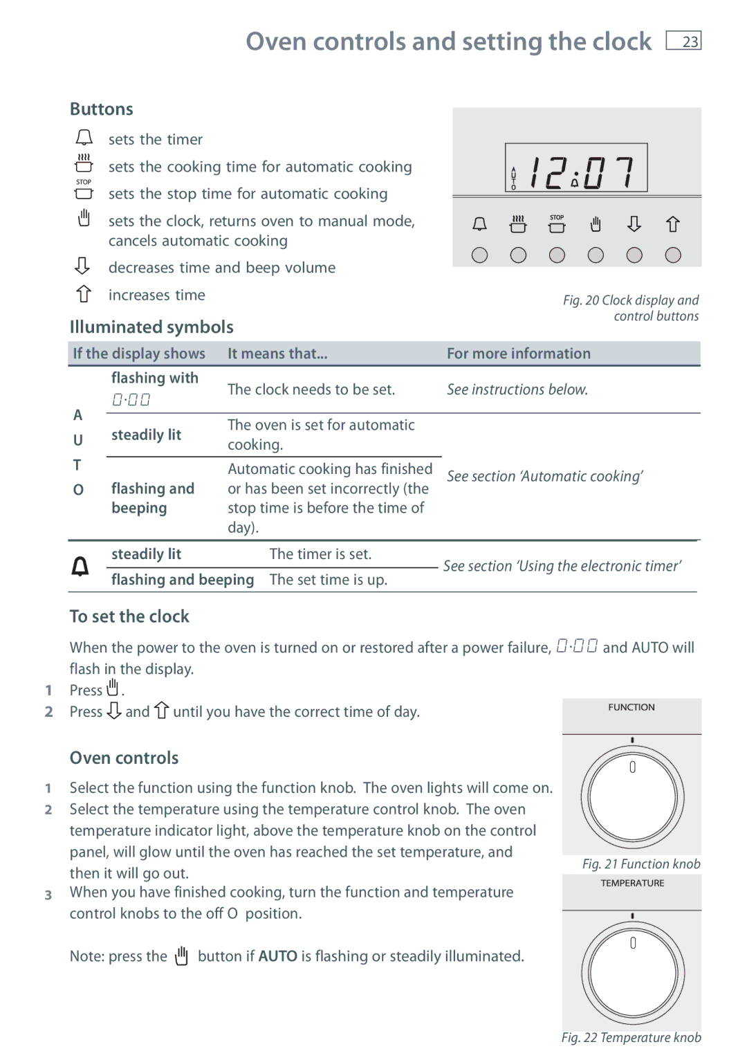 Fisher & Paykel OR120 installation instructions Buttons, Illuminated symbols, To set the clock, Oven controls 