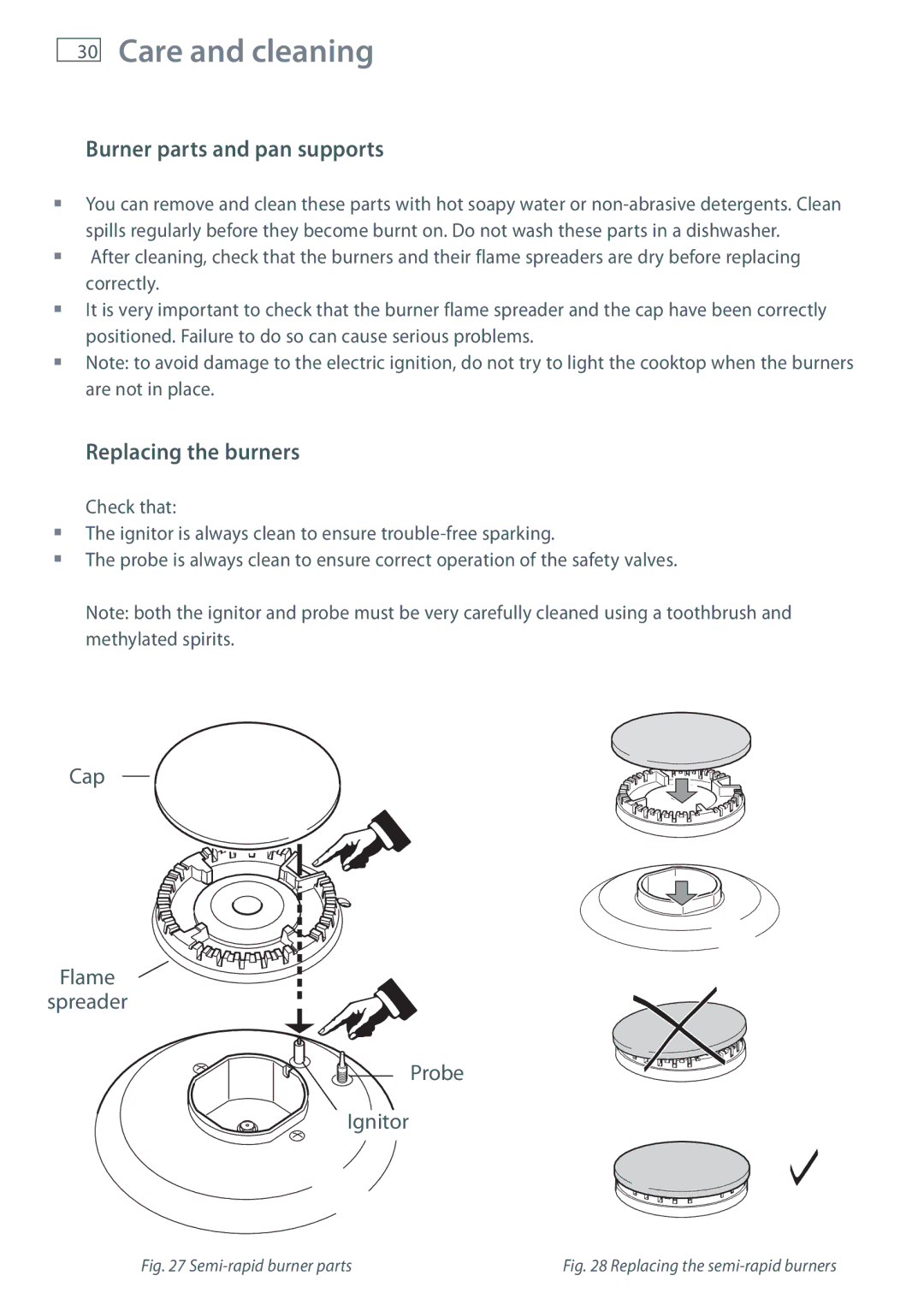 Fisher & Paykel OR120 installation instructions Burner parts and pan supports, Replacing the burners 