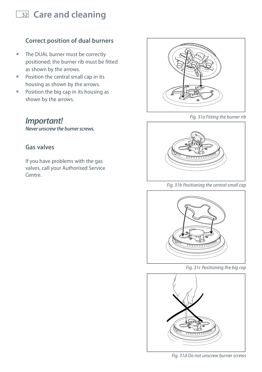 Fisher & Paykel OR120 installation instructions Correct position of dual burners, Gas valves 