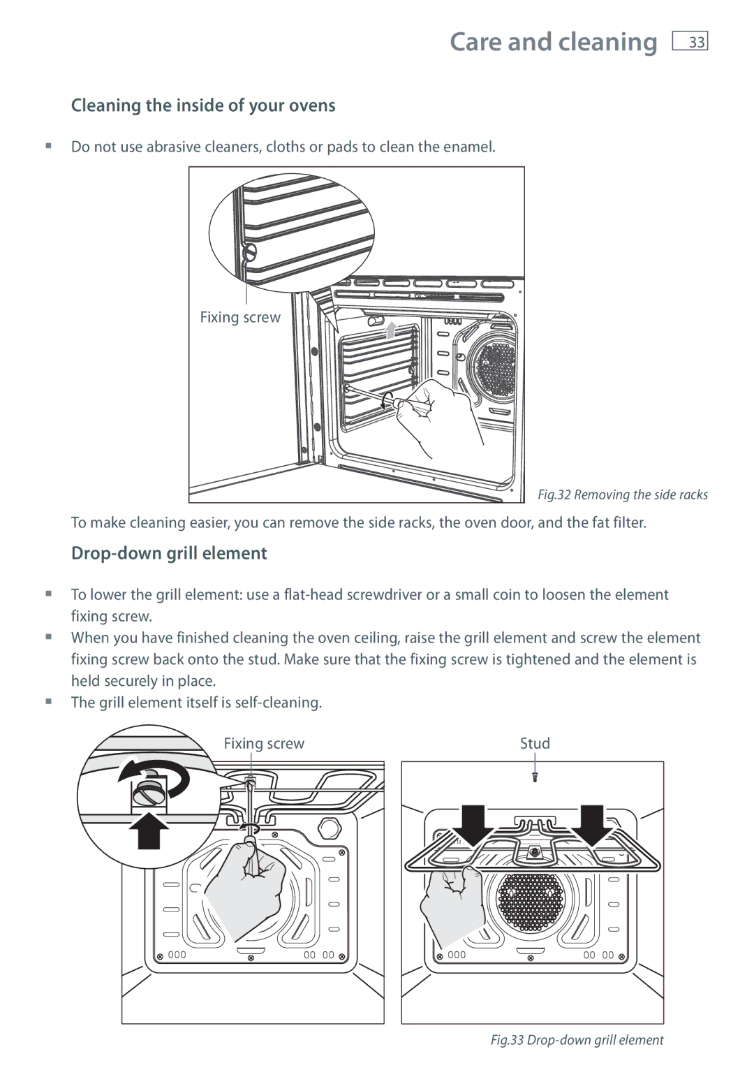 Fisher & Paykel OR120 installation instructions Cleaning the inside of your ovens, Drop-down grill element 