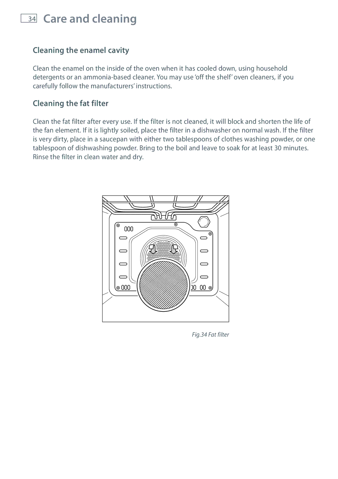 Fisher & Paykel OR120 installation instructions Cleaning the enamel cavity, Cleaning the fat filter 