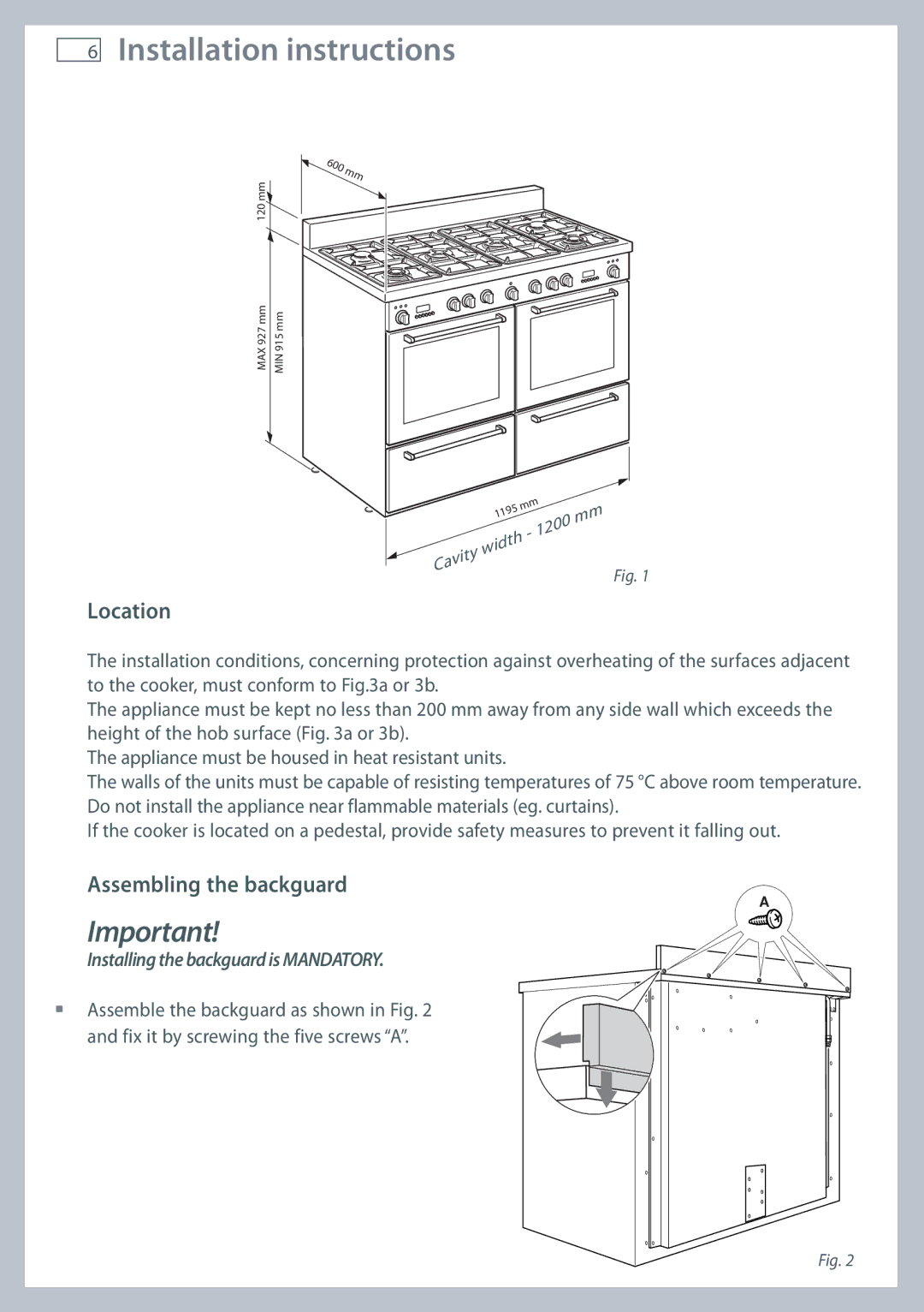 Fisher & Paykel OR120 installation instructions Installation instructions, Location, Assembling the backguard 