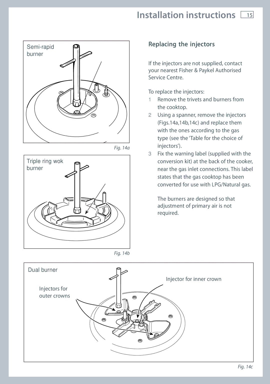 Fisher & Paykel OR120 installation instructions Replacing the injectors, Semi-rapid, Triple ring wok burner, Dual burner 