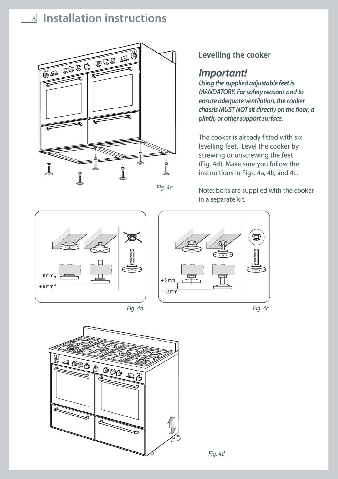 Fisher & Paykel OR120 installation instructions Levelling the cooker 