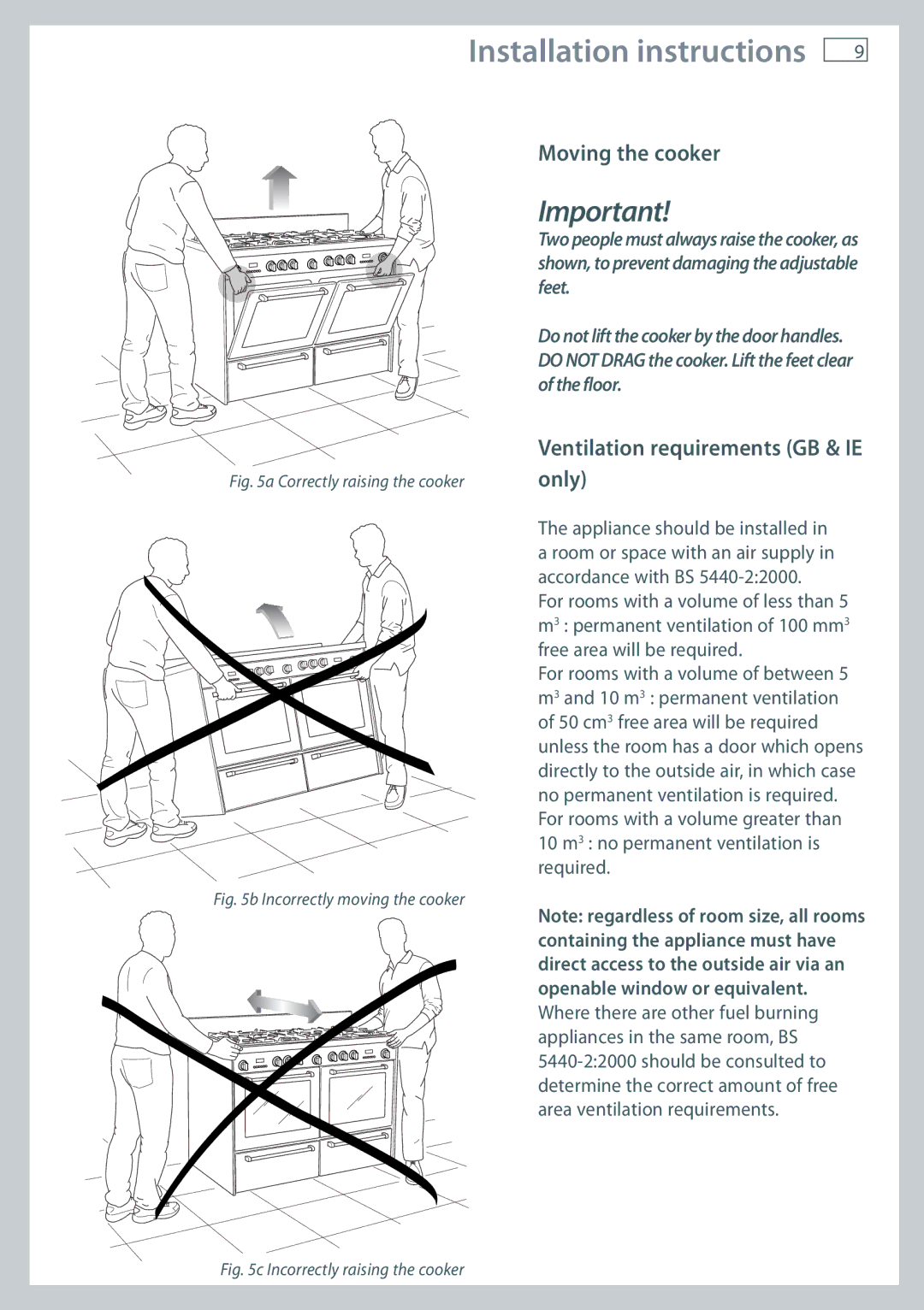 Fisher & Paykel OR120 installation instructions Moving the cooker, Ventilation requirements GB & IE only 