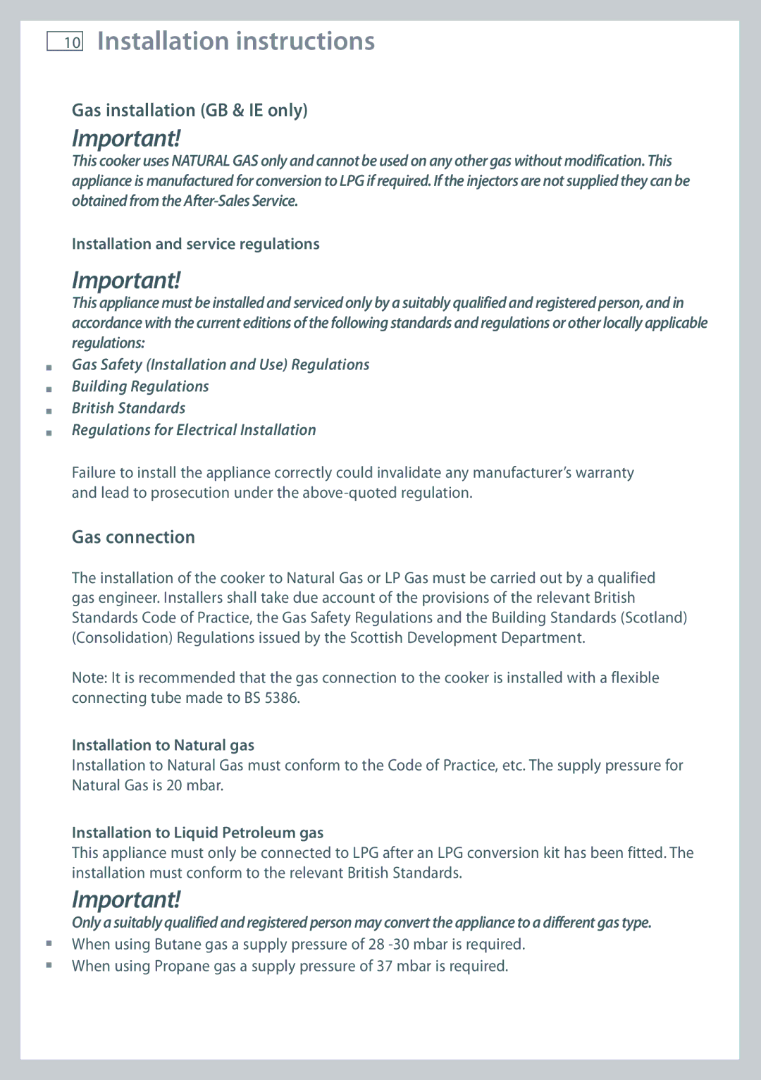 Fisher & Paykel OR120 Gas installation GB & IE only, Gas connection, Installation and service regulations 