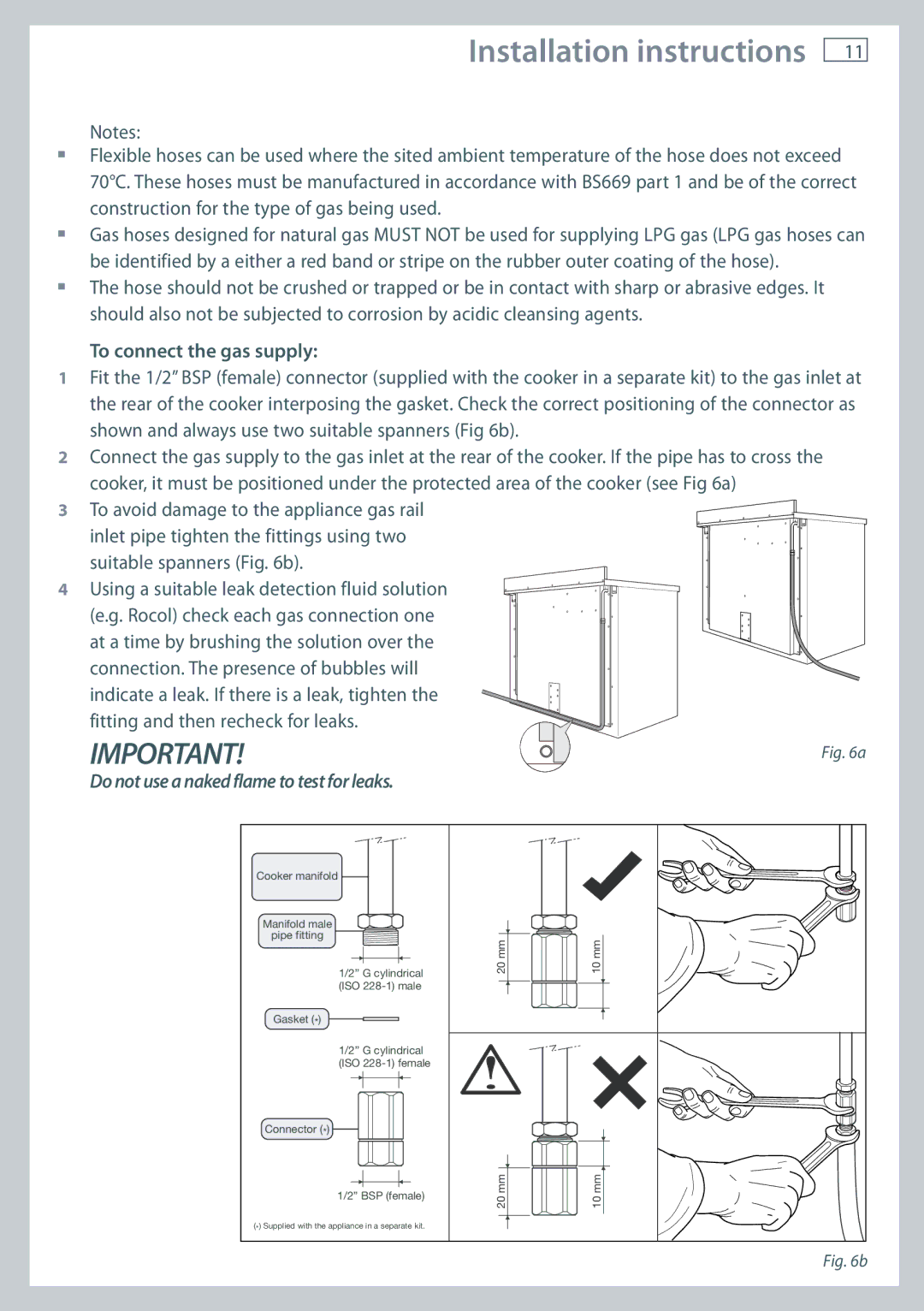 Fisher & Paykel OR120 installation instructions To connect the gas supply, Do not use a naked flame to test for leaks 