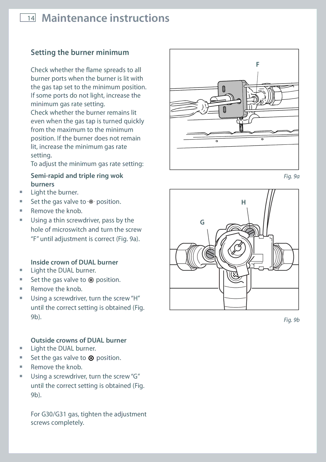 Fisher & Paykel OR120 installation instructions Setting the burner minimum, Semi-rapid and triple ring wok burners 