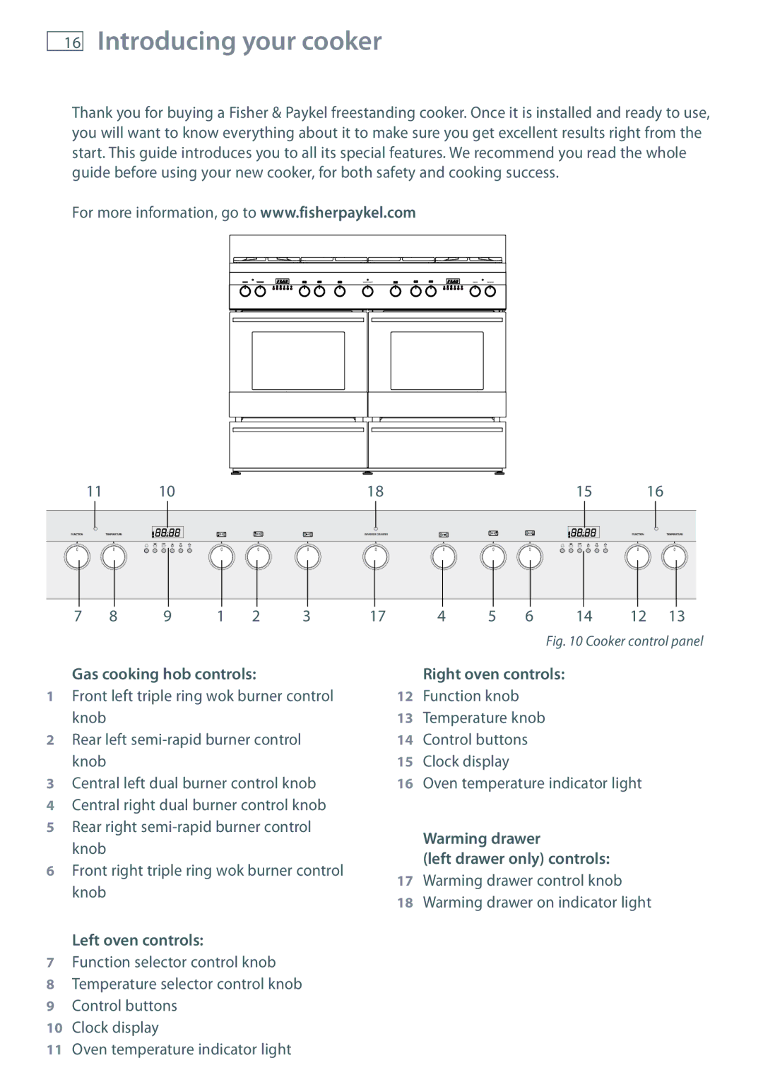 Fisher & Paykel OR120 Introducing your cooker, Gas cooking hob controls Right oven controls, Left drawer only controls 