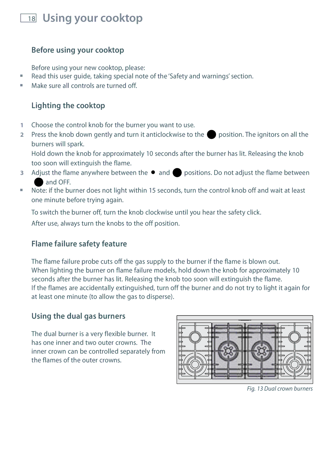 Fisher & Paykel OR120 Before using your cooktop, Lighting the cooktop, Flame failure safety feature 