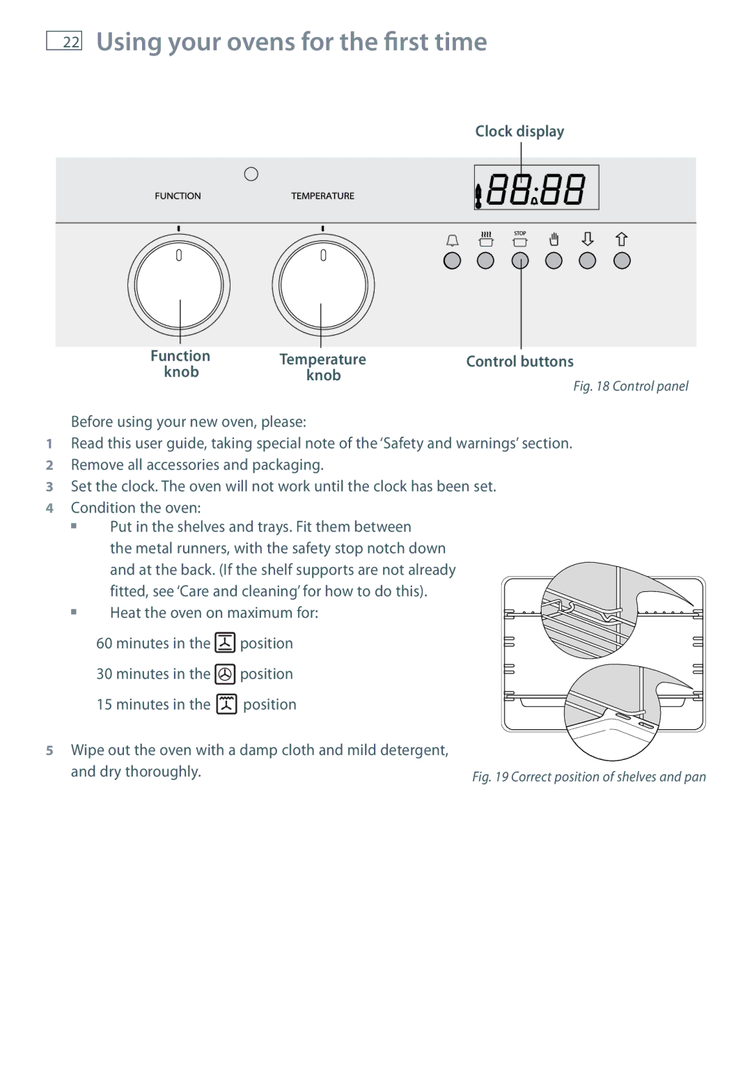 Fisher & Paykel OR120 Using your ovens for the first time, Clock display Function Temperature Control buttons 