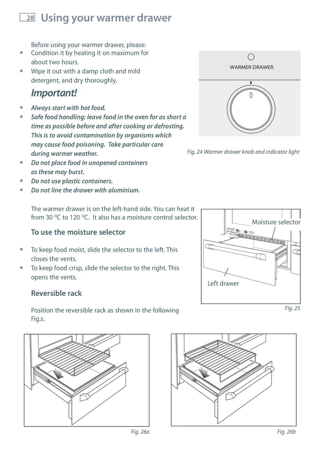 Fisher & Paykel OR120 installation instructions Using your warmer drawer, To use the moisture selector, Reversible rack 