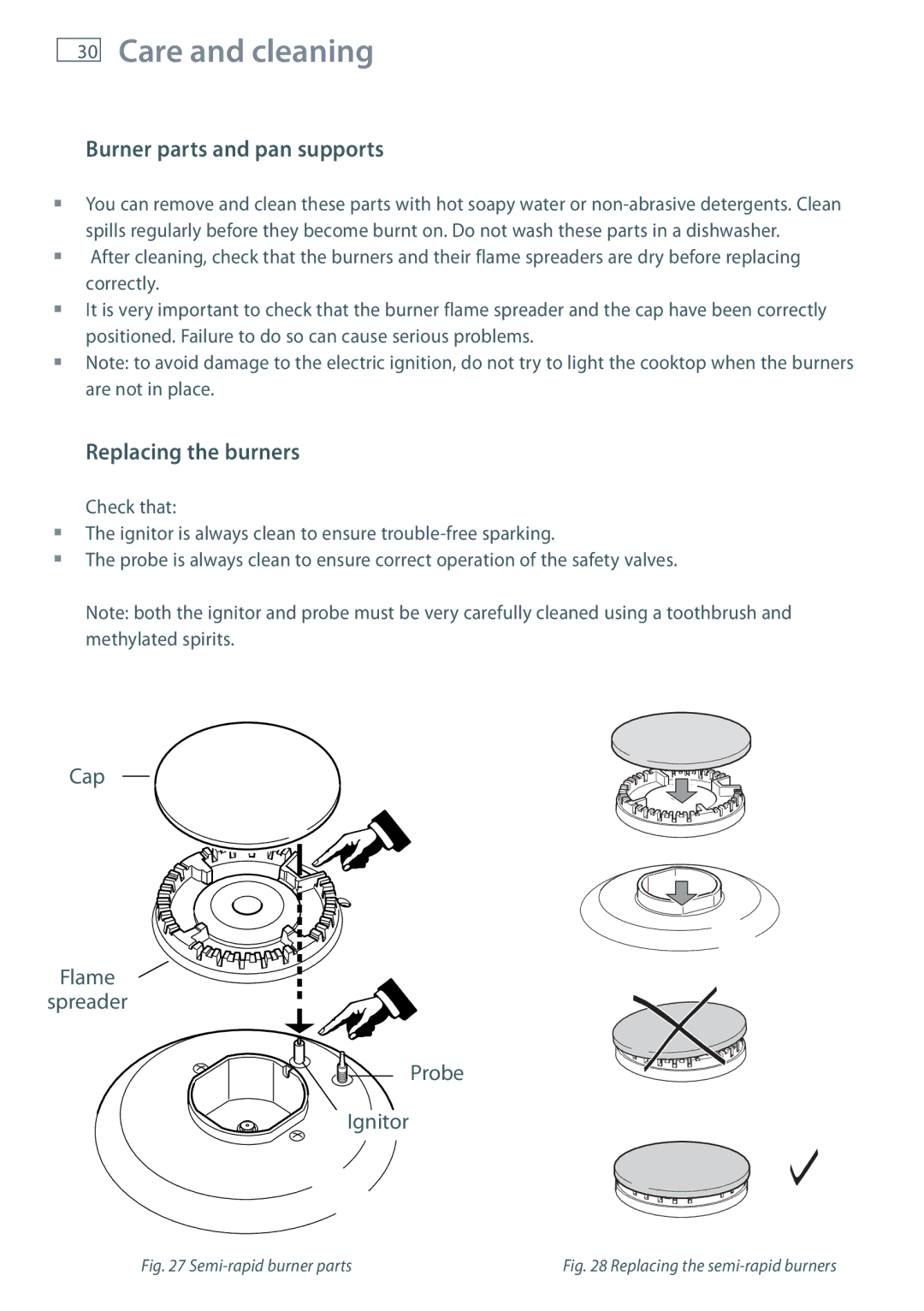 Fisher & Paykel OR120 installation instructions Burner parts and pan supports, Replacing the burners 