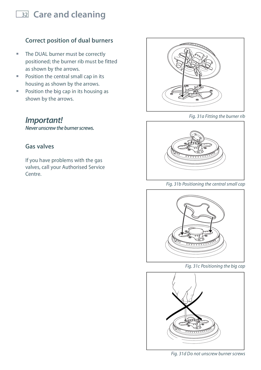 Fisher & Paykel OR120 installation instructions Correct position of dual burners, Gas valves 