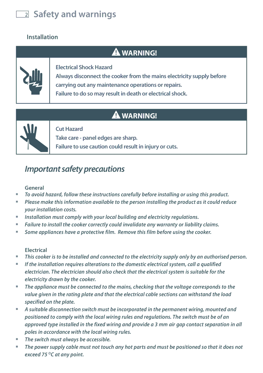 Fisher & Paykel OR120 installation instructions Safety and warnings, Installation, General, Electrical 