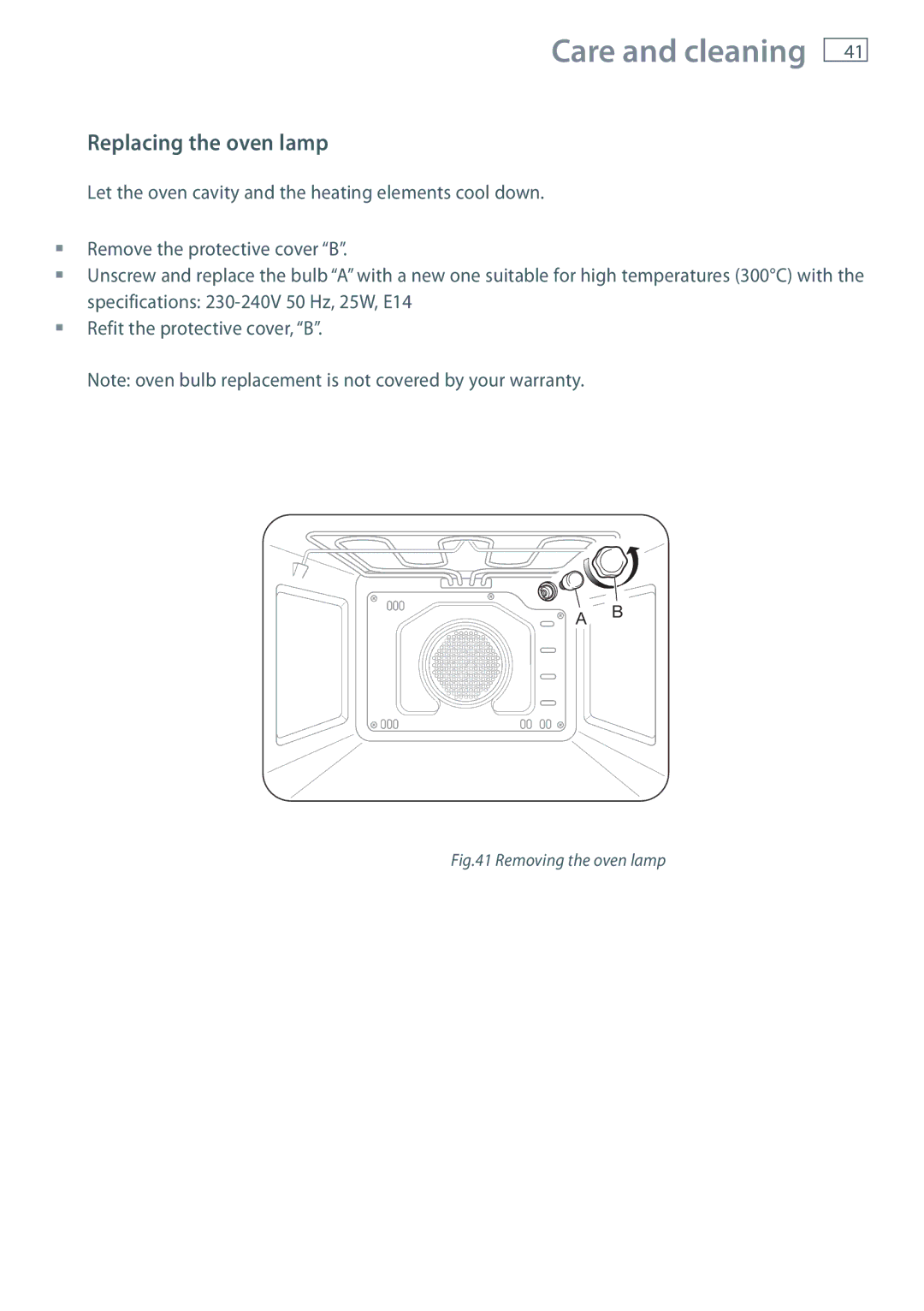 Fisher & Paykel OR120 installation instructions Replacing the oven lamp, Removing the oven lamp 