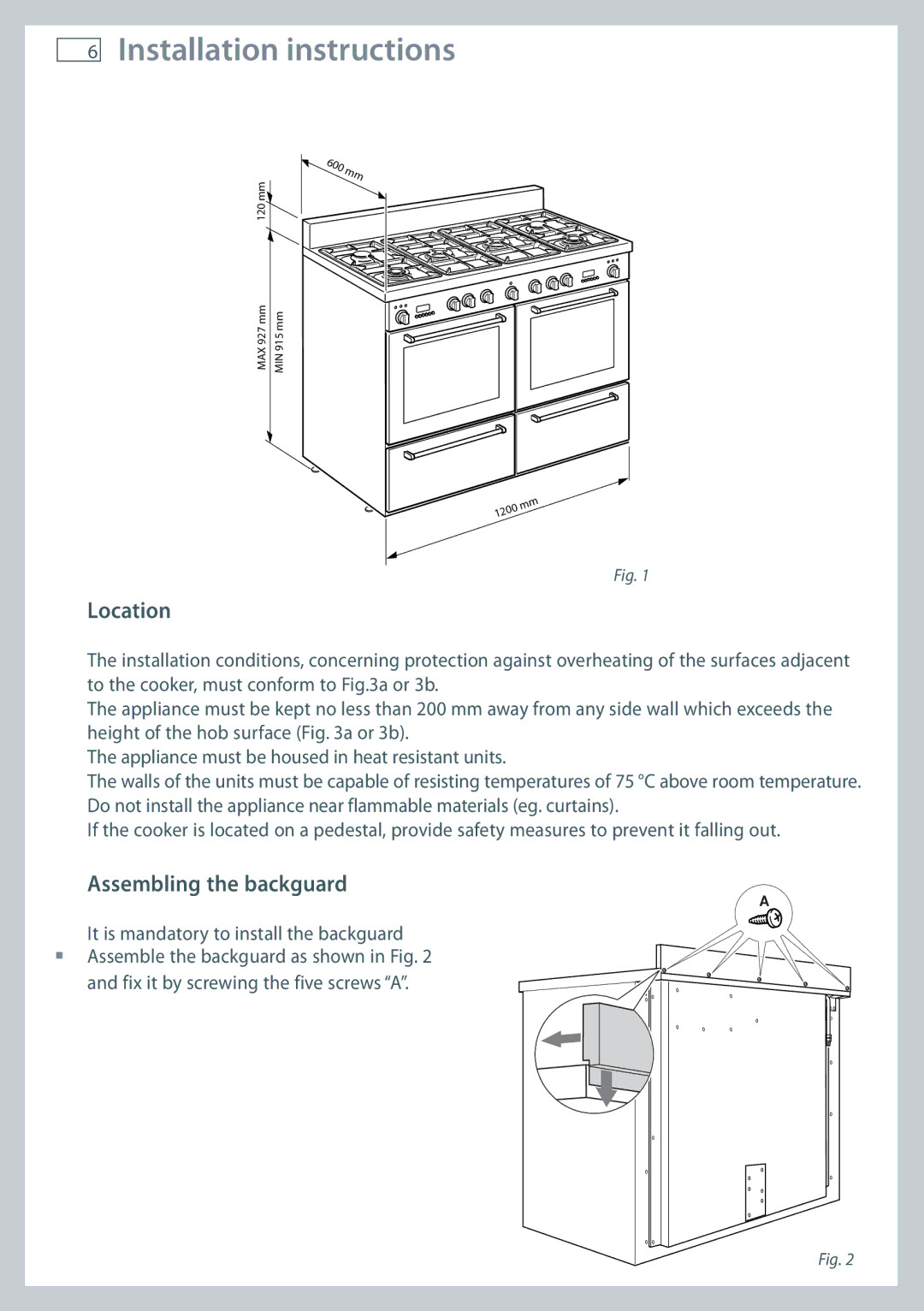 Fisher & Paykel OR120 installation instructions Installation instructions, Location, Assembling the backguard 