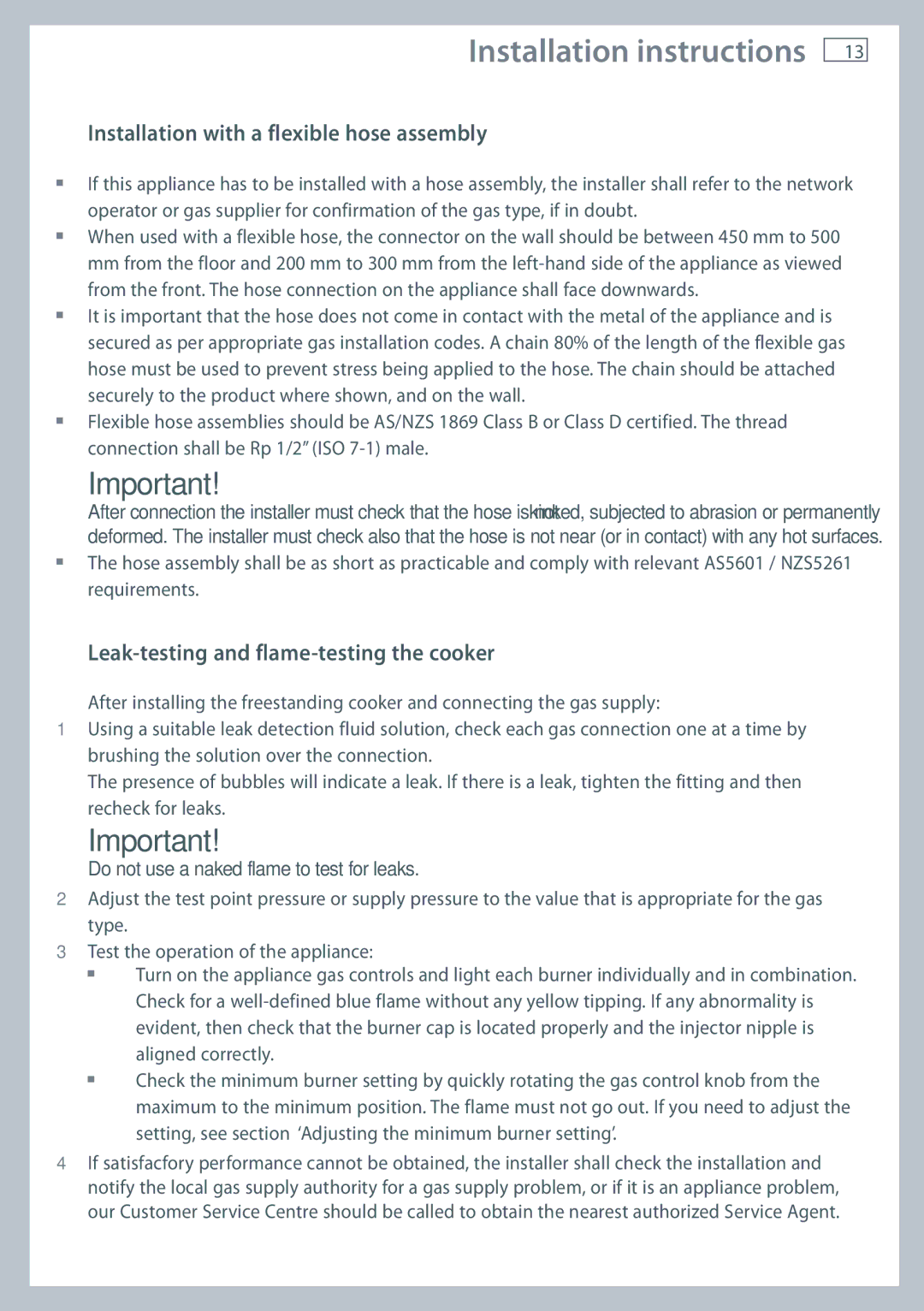 Fisher & Paykel OR120 Installation with a flexible hose assembly, Leak-testing and flame-testing the cooker 