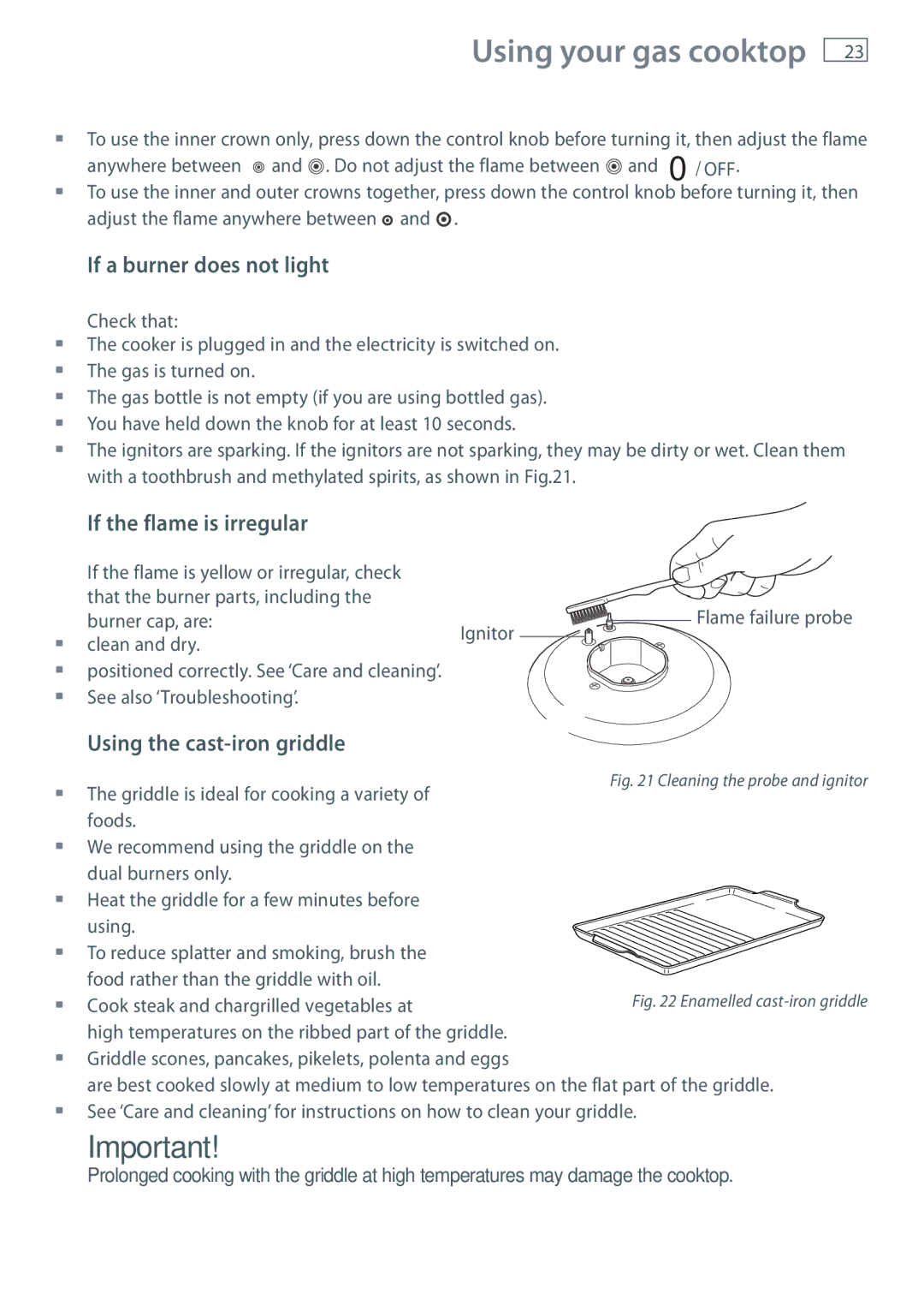 Fisher & Paykel OR120 If a burner does not light, If the flame is irregular, Using the cast-iron griddle 