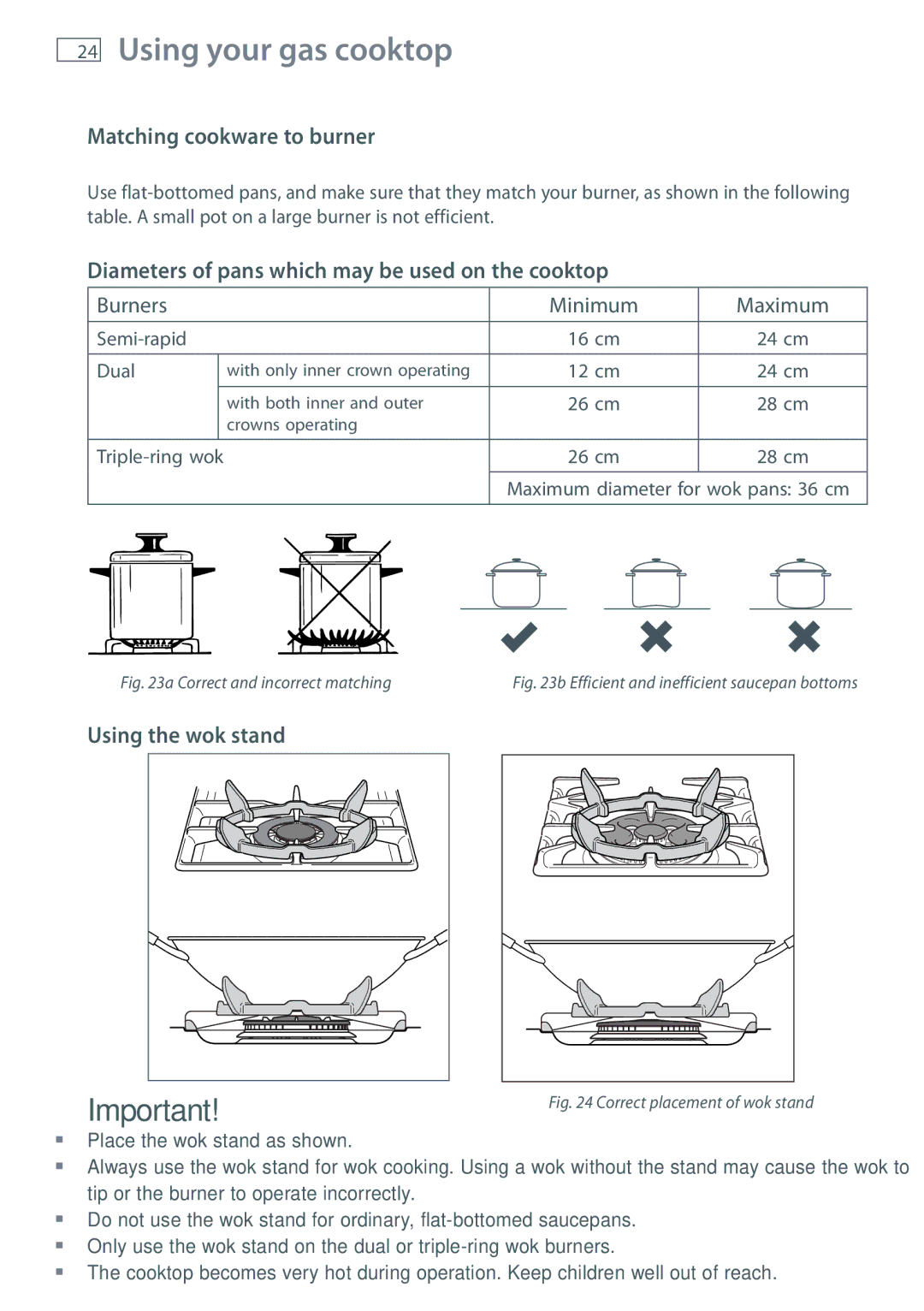 Fisher & Paykel OR120 Matching cookware to burner, Diameters of pans which may be used on the cooktop, Using the wok stand 