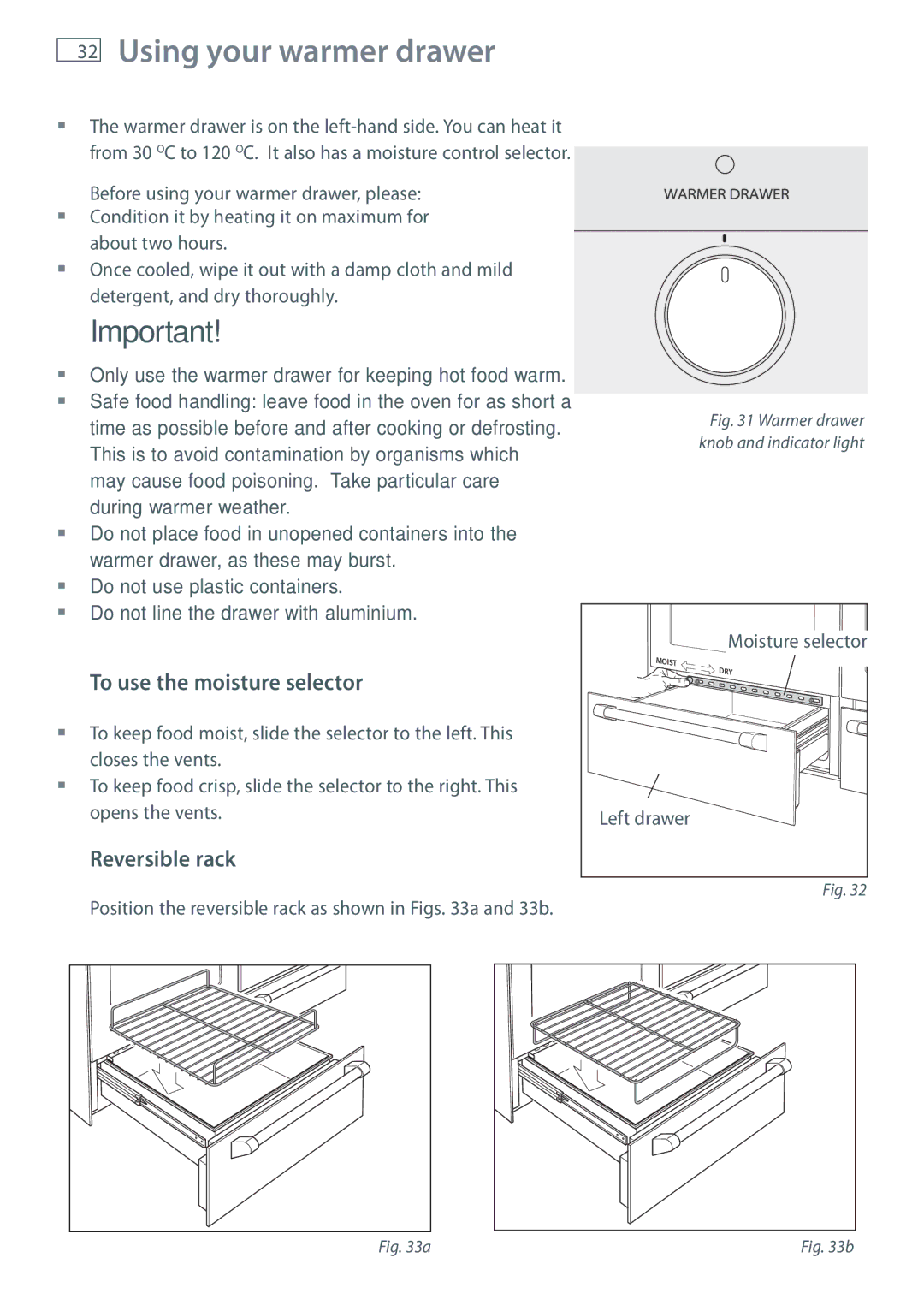 Fisher & Paykel OR120 Using your warmer drawer, To use the moisture selector, Reversible rack, Left drawer 