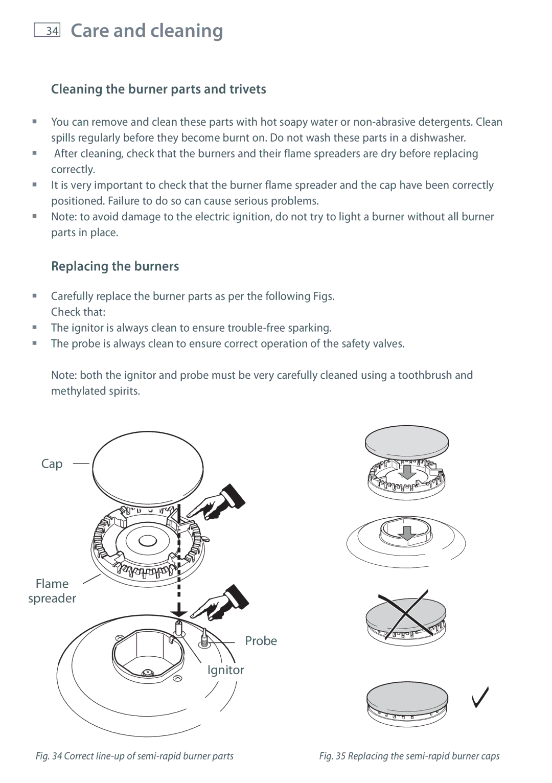 Fisher & Paykel OR120 installation instructions Cleaning the burner parts and trivets, Replacing the burners 