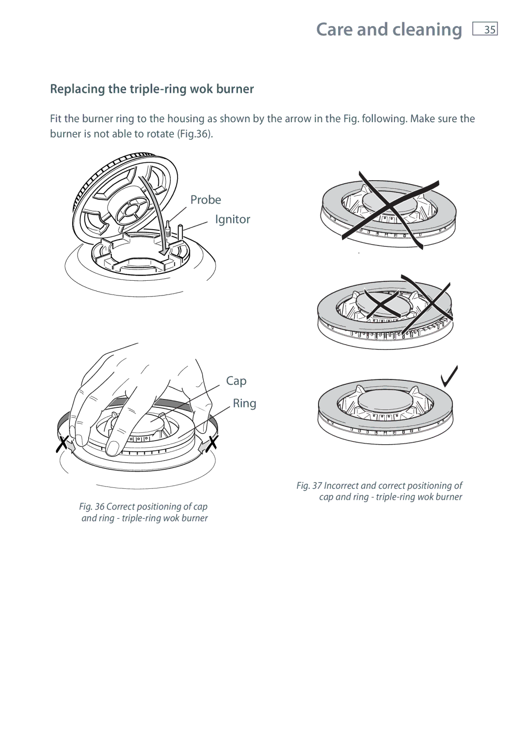 Fisher & Paykel OR120 Replacing the triple-ring wok burner, Correct positioning of cap and ring triple-ring wok burner 