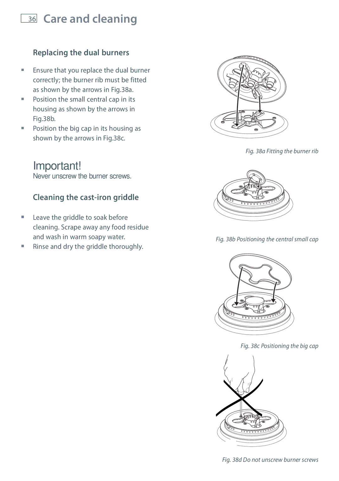 Fisher & Paykel OR120 installation instructions Replacing the dual burners, Cleaning the cast-iron griddle 
