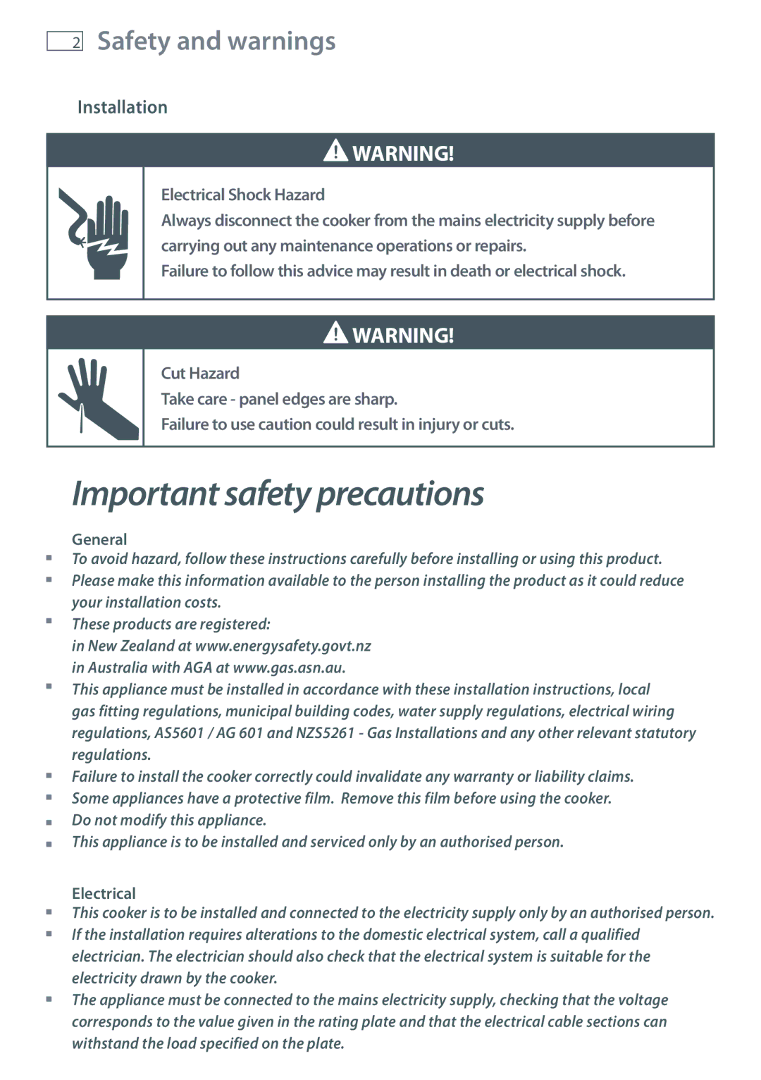 Fisher & Paykel OR120 installation instructions Safety and warnings, Installation, General, Electrical 