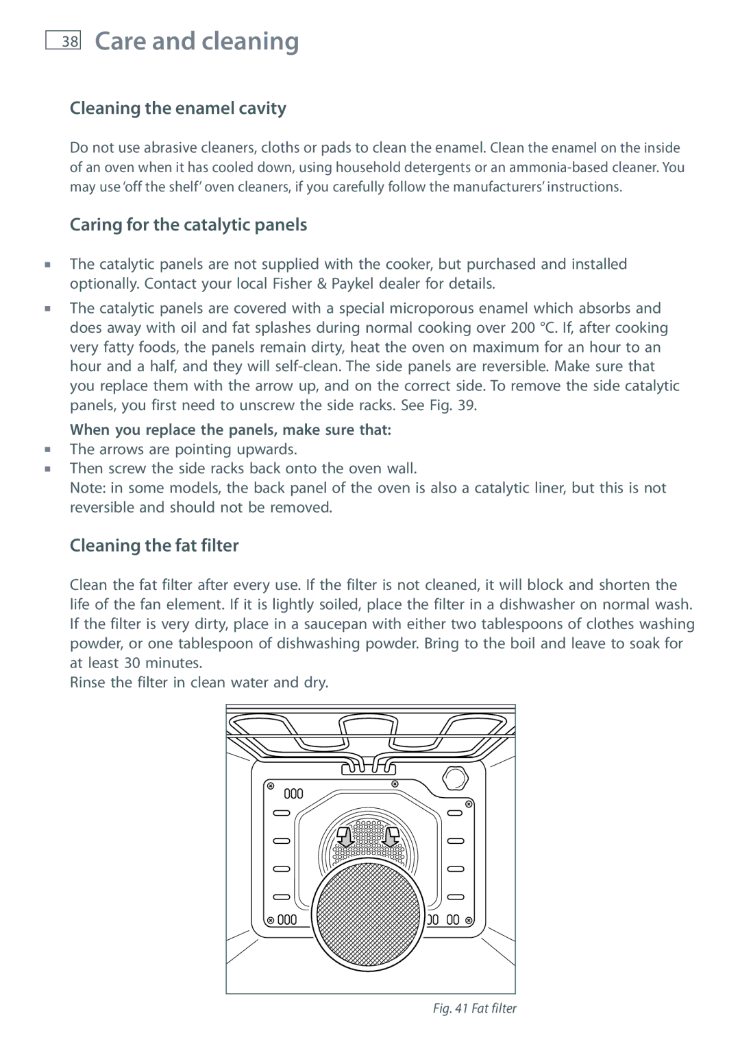 Fisher & Paykel OR120 Cleaning the enamel cavity, Caring for the catalytic panels, Cleaning the fat filter 