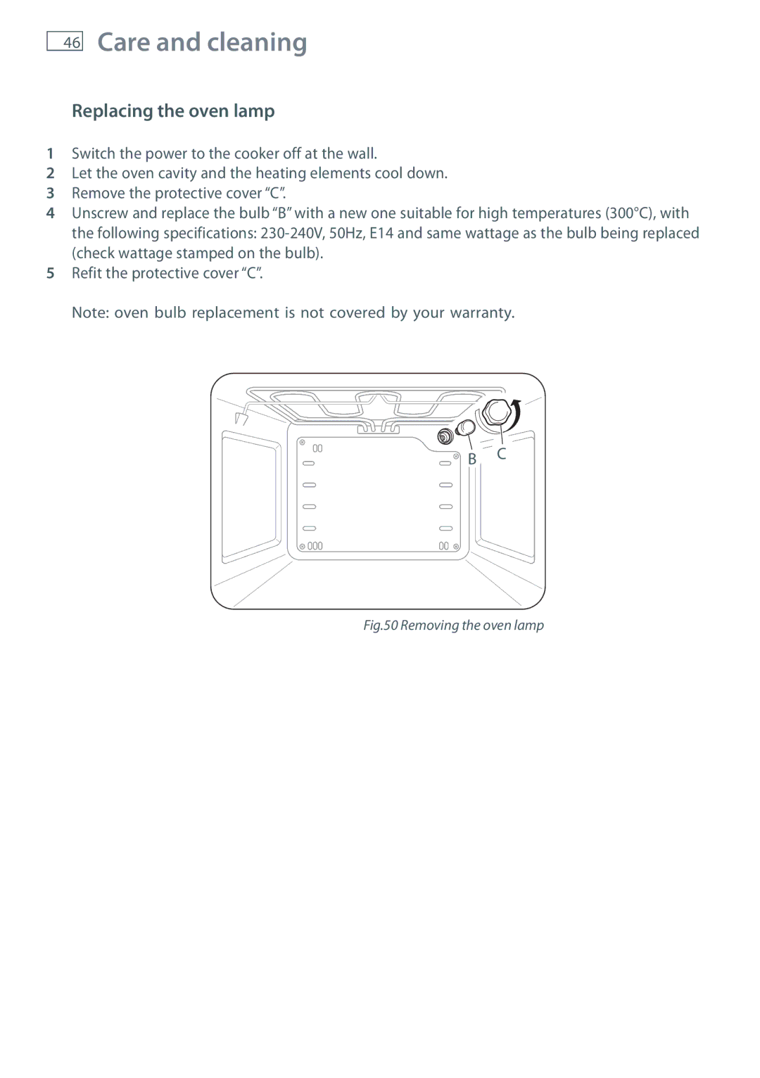 Fisher & Paykel OR120 installation instructions Replacing the oven lamp, Removing the oven lamp 