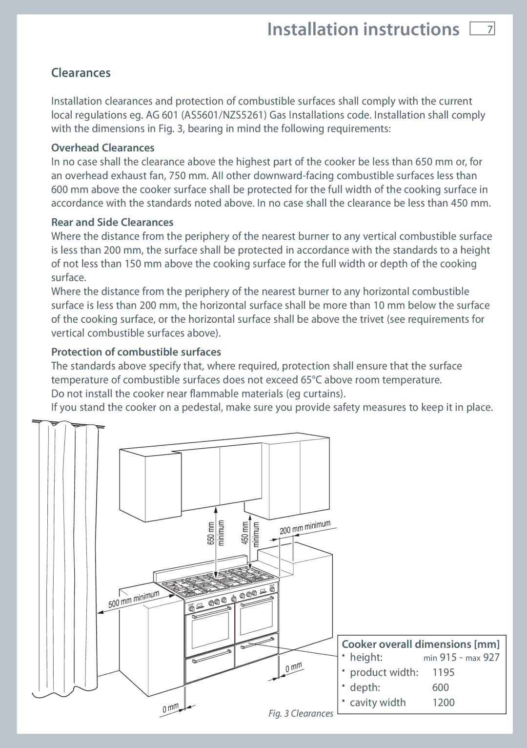 Fisher & Paykel OR120 Overhead Clearances, Rear and Side Clearances, Protection of combustible surfaces 