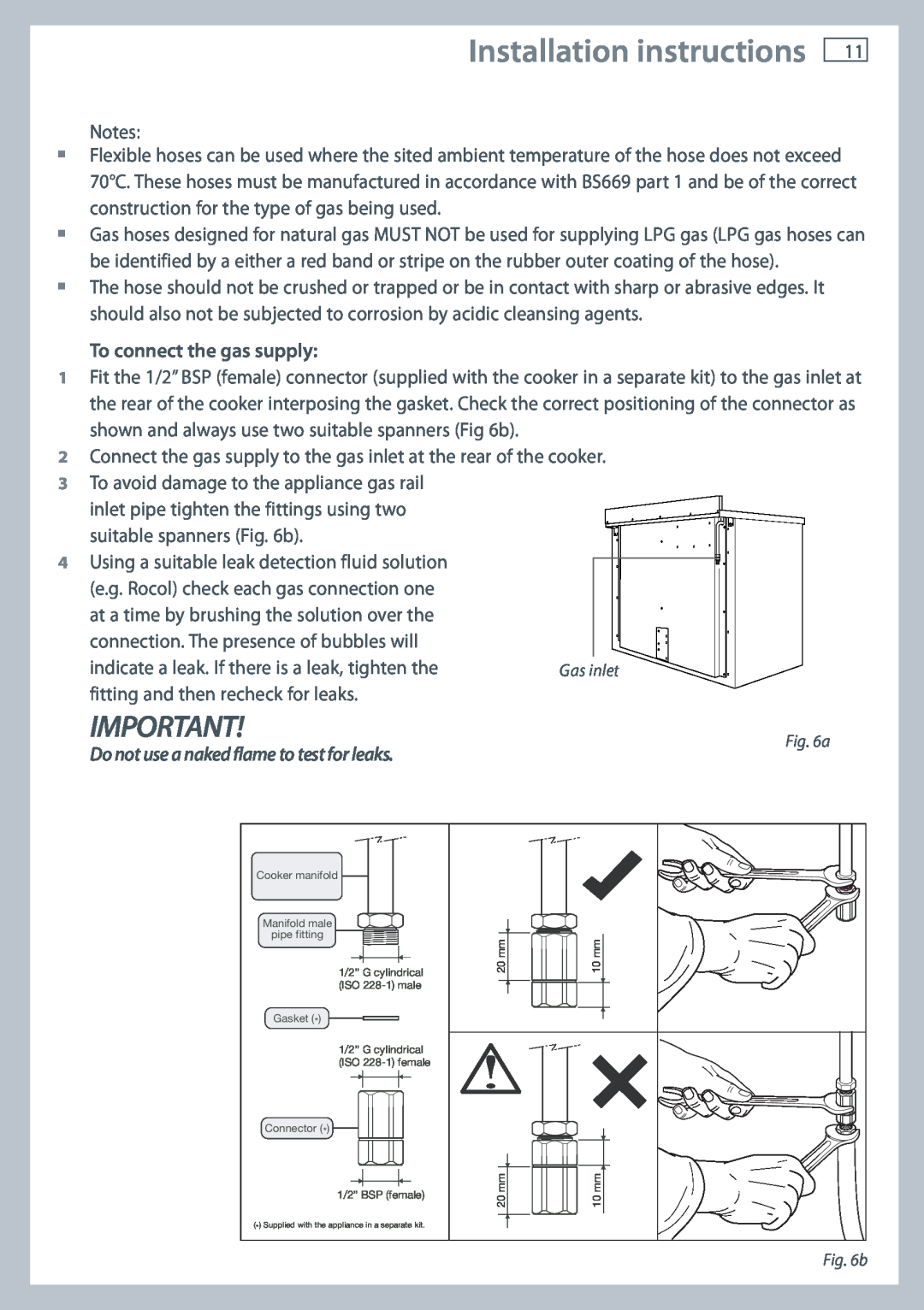 Fisher & Paykel OR120 Installation instructions, To connect the gas supply, Do not use a naked flame to test for leaks 