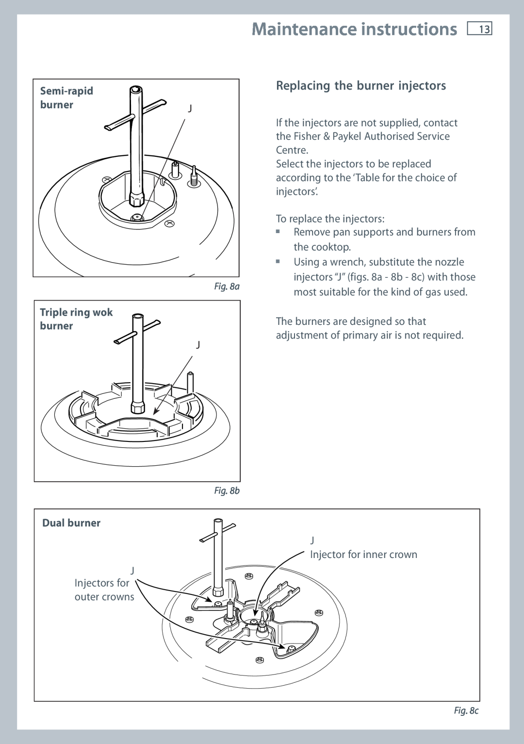Fisher & Paykel OR120 Maintenance instructions, Replacing the burner injectors, Semi-rapid, Triple ring wok burner 