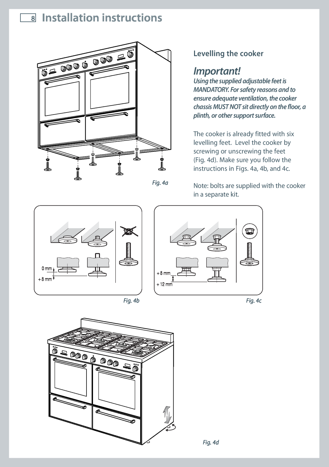 Fisher & Paykel OR120 installation instructions Installation instructions, Levelling the cooker, 0 mm + 8 mm + 8 mm + 12 mm 