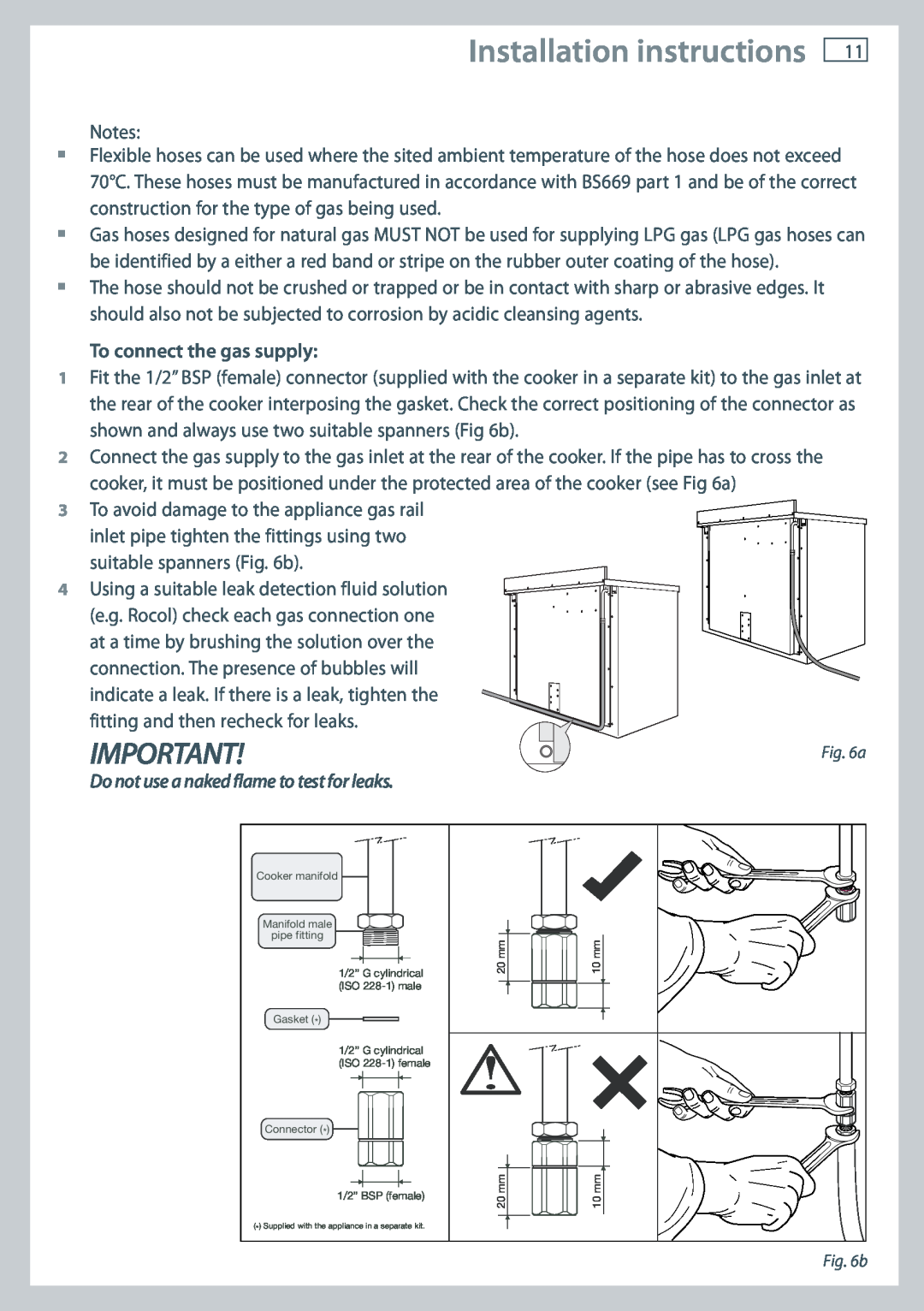Fisher & Paykel OR120 Installation instructions, To connect the gas supply, Do not use a naked flame to test for leaks 