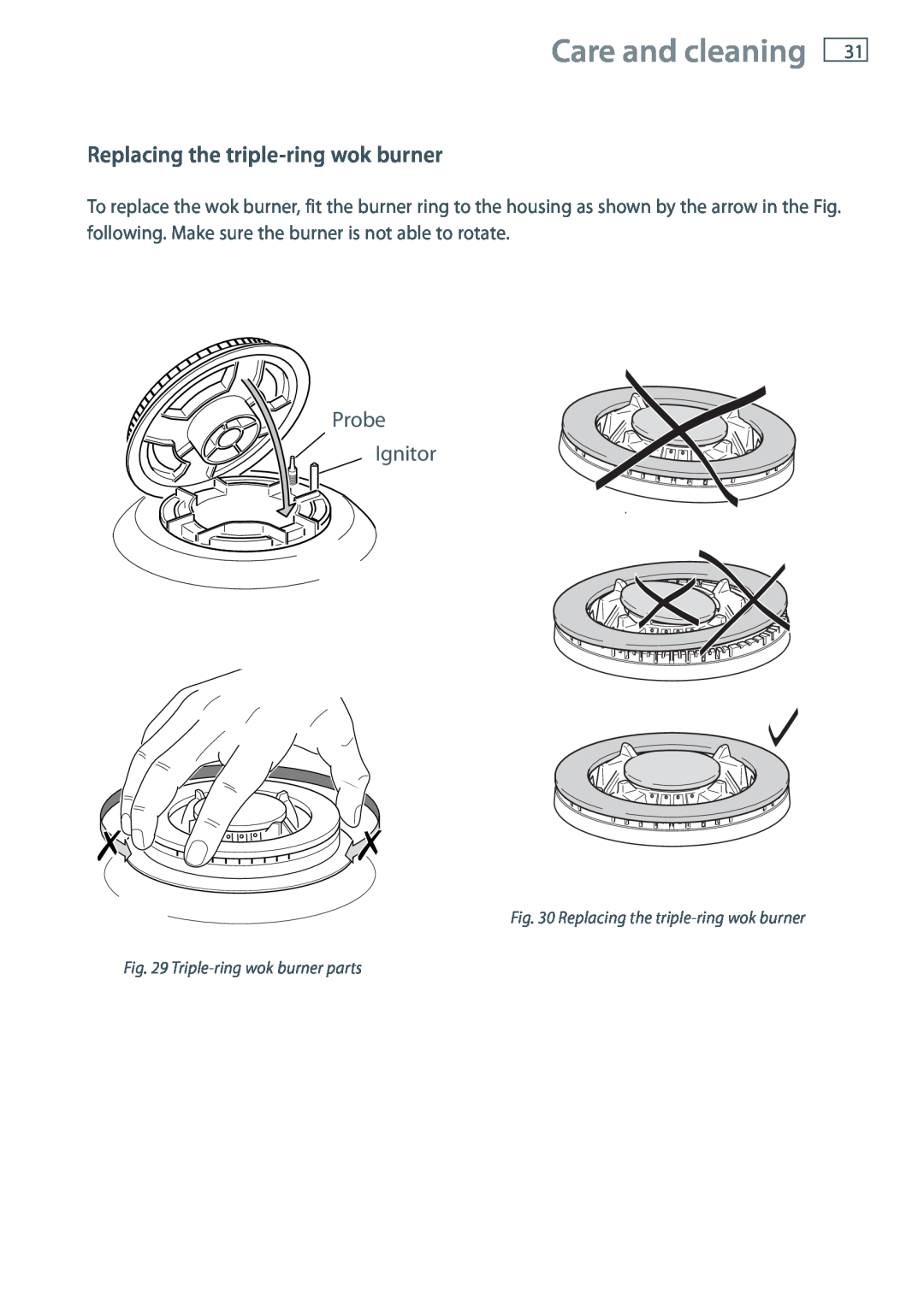 Fisher & Paykel OR120 installation instructions Care and cleaning, Replacing the triple-ring wok burner, Probe Ignitor 