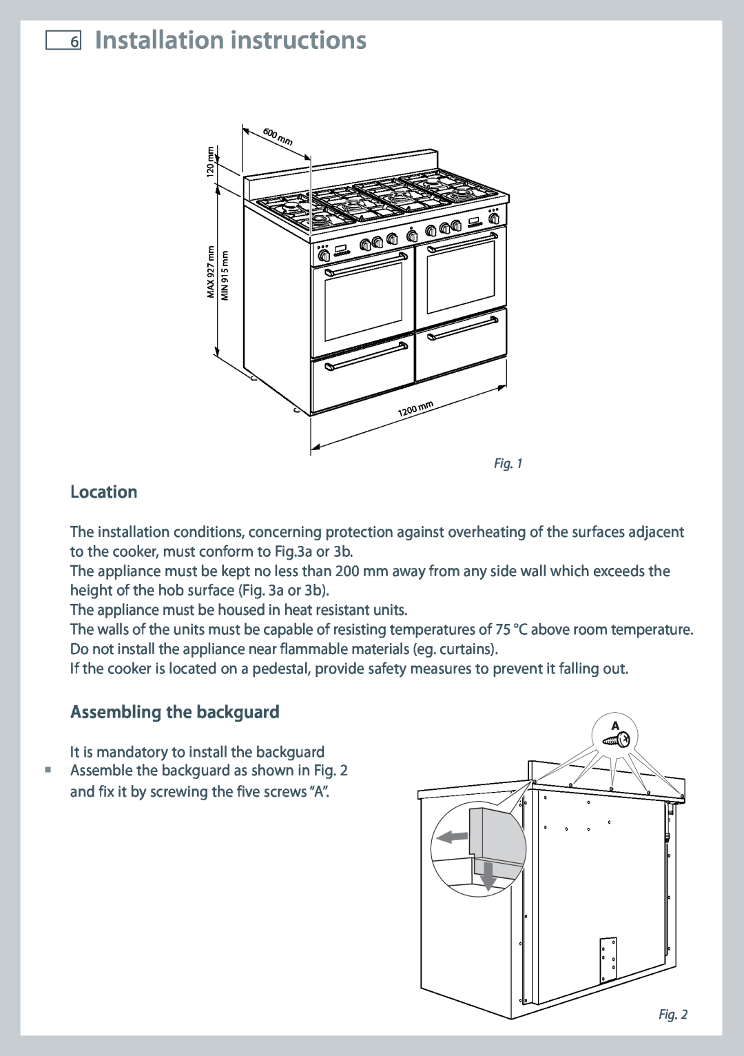 Fisher & Paykel OR120 installation instructions Installation instructions, Location, Assembling the backguard 