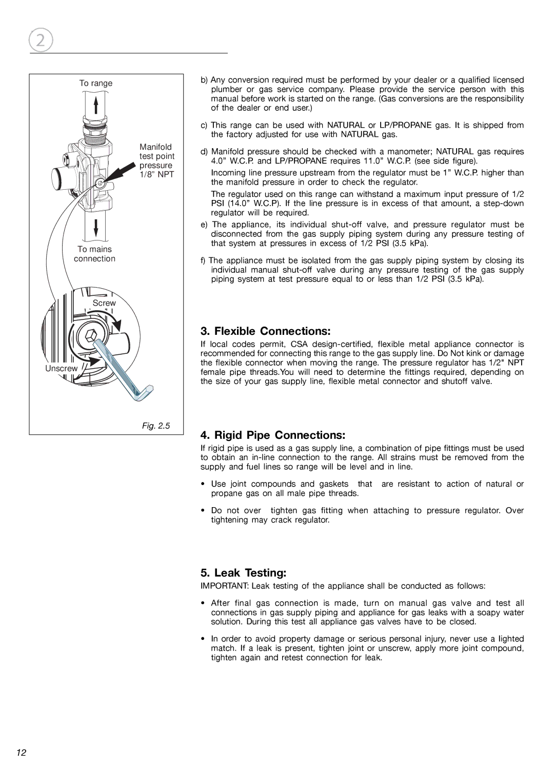 Fisher & Paykel OR24SDMBGX installation instructions Flexible Connections, Rigid Pipe Connections, Leak Testing 