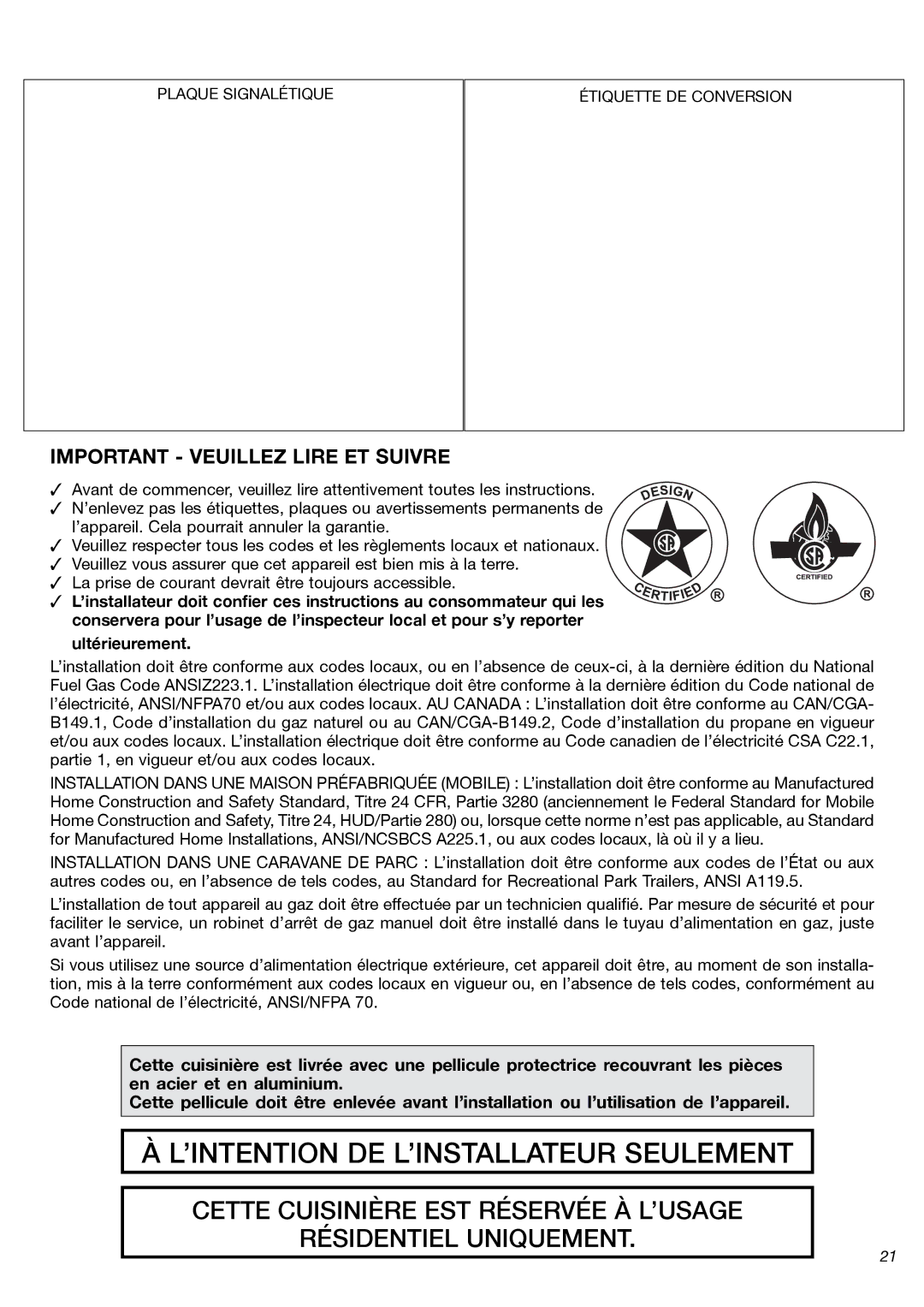 Fisher & Paykel OR24SDMBGX installation instructions ’INTENTION DE L’INSTALLATEUR Seulement 