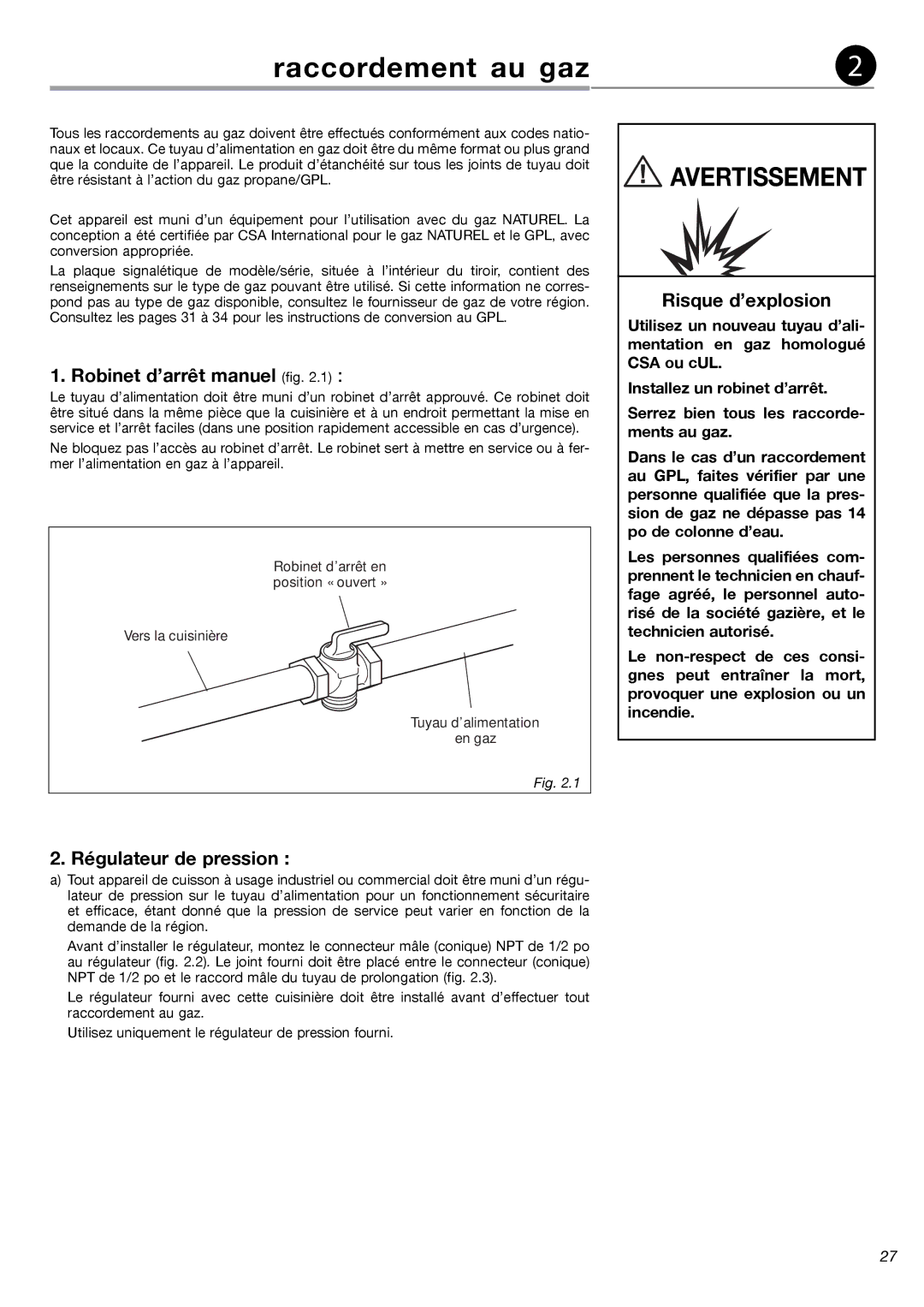 Fisher & Paykel OR24SDMBGX Raccordement au gaz, Robinet d’arrêt manuel fig, Régulateur de pression, Risque d’explosion 