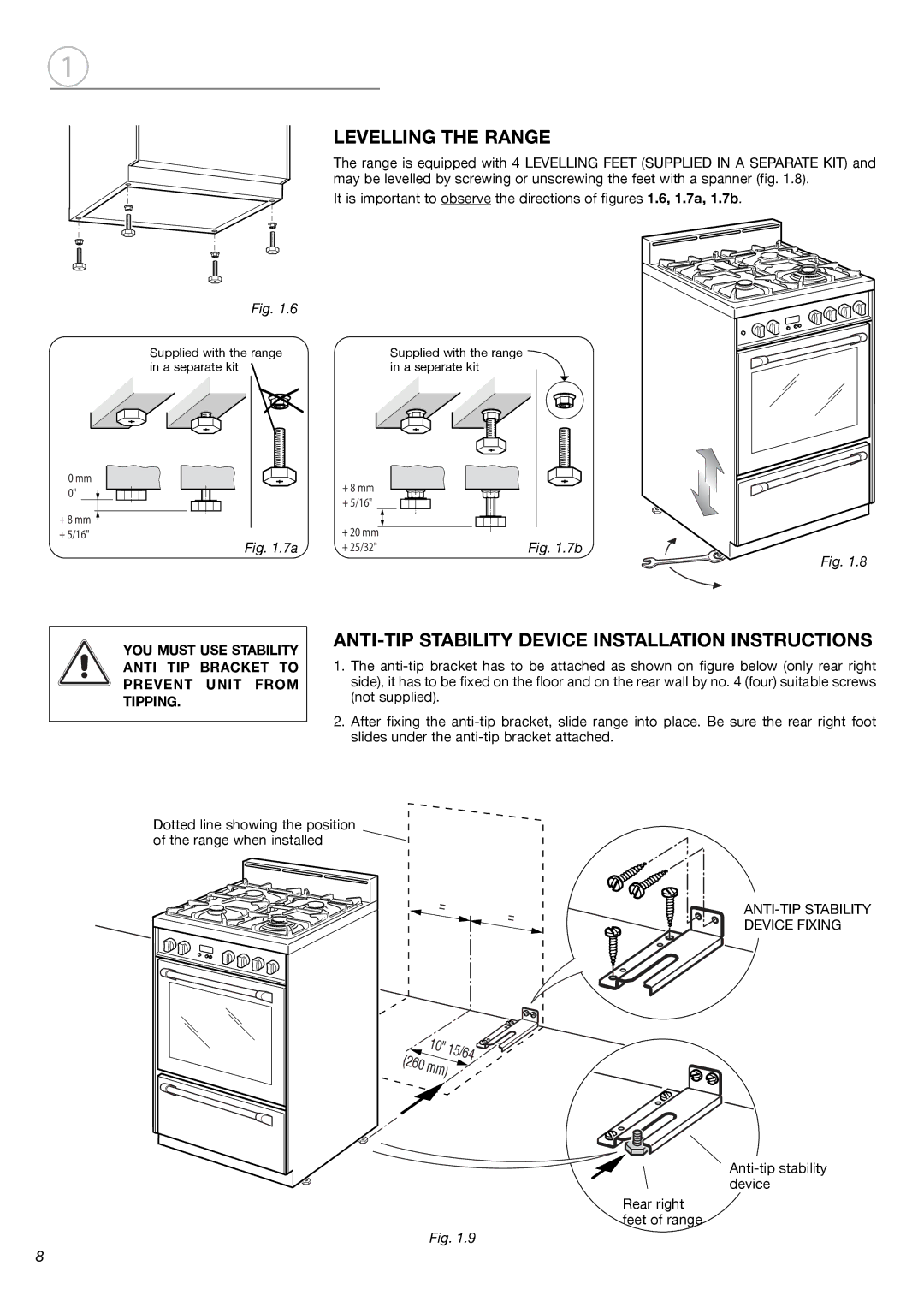 Fisher & Paykel OR24SDMBGX Levelling the Range, ANTI-TIP Stability Device Installation Instructions 