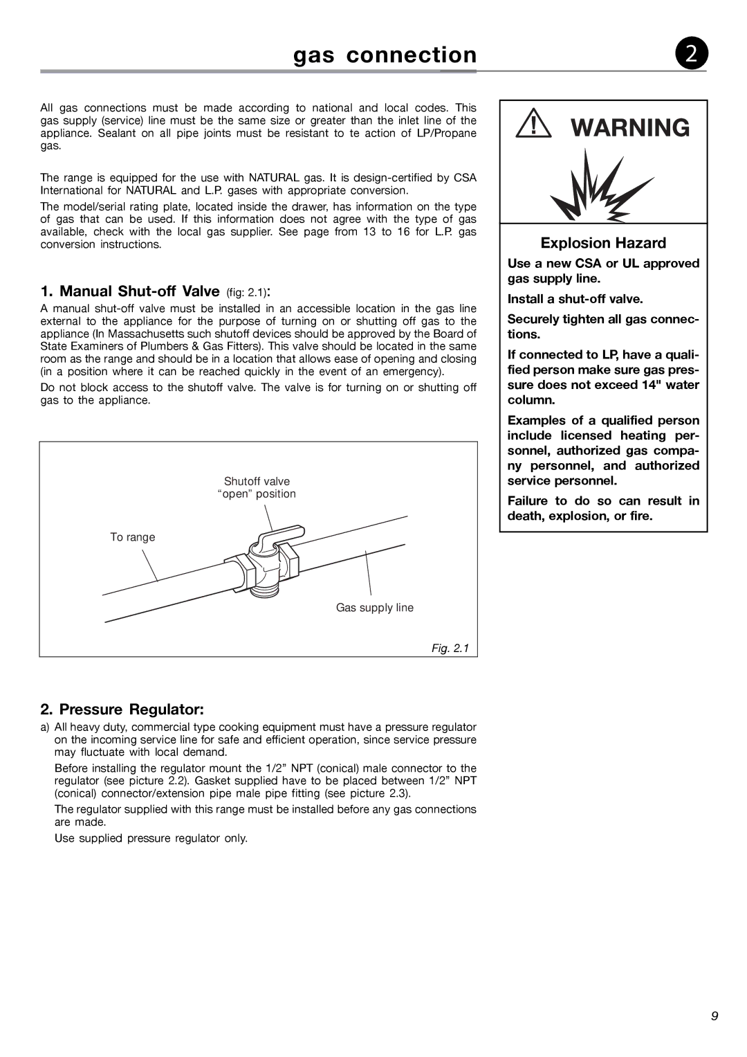 Fisher & Paykel OR24SDMBGX Gas connection, Manual Shut-off Valve fig, Explosion Hazard, Pressure Regulator 