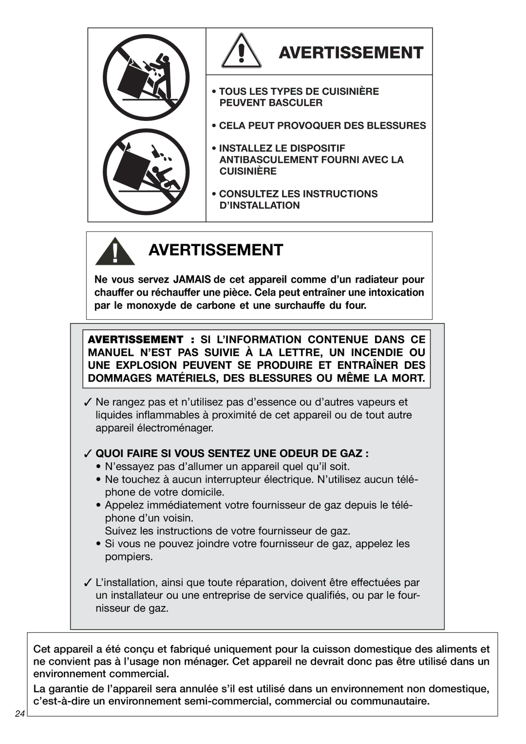 Fisher & Paykel OR24SDMBGX manual Avertissement, Quoi Faire SI Vous Sentez UNE Odeur DE GAZ 