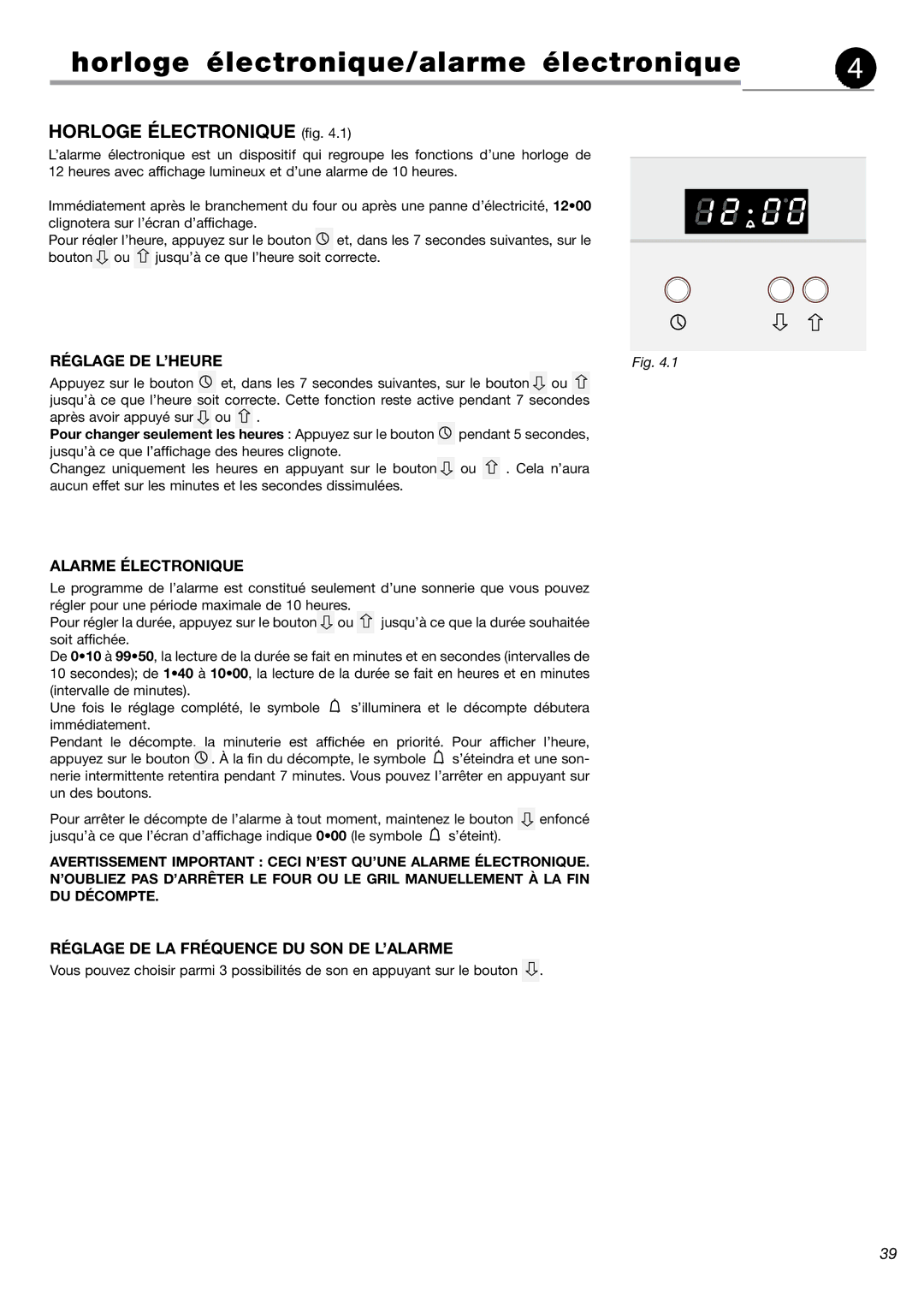 Fisher & Paykel OR24SDMBGX manual Horloge électronique/alarme électronique, Horloge Électronique fig 