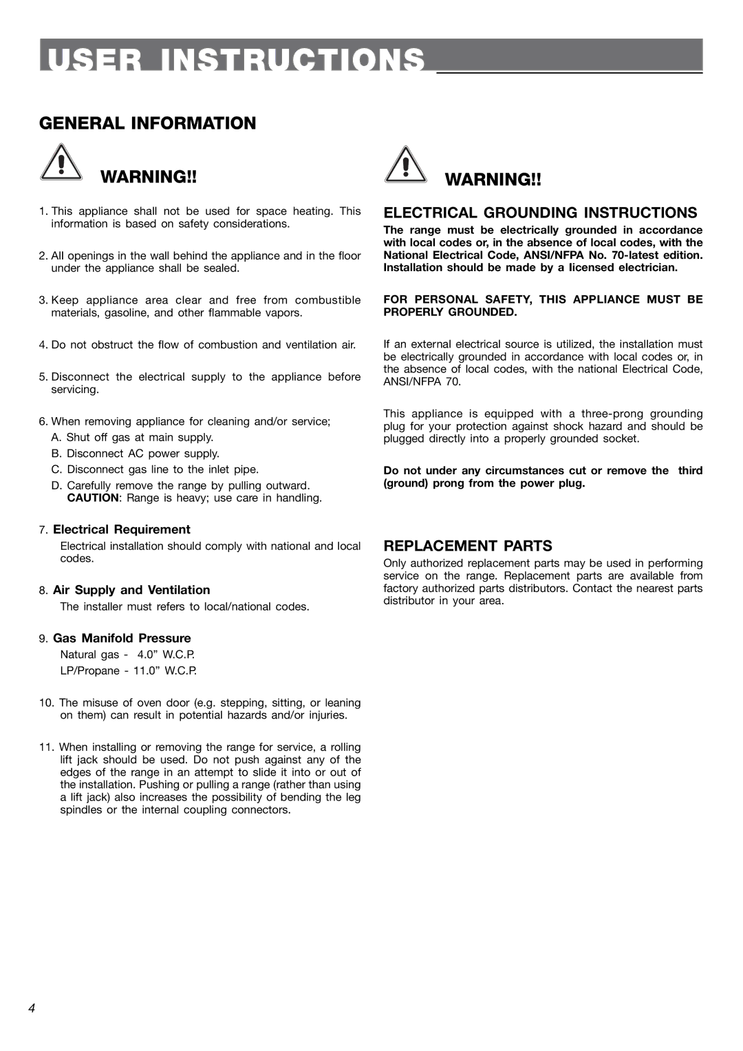 Fisher & Paykel OR24SDMBGX manual Electrical Grounding Instructions, Replacement Parts 