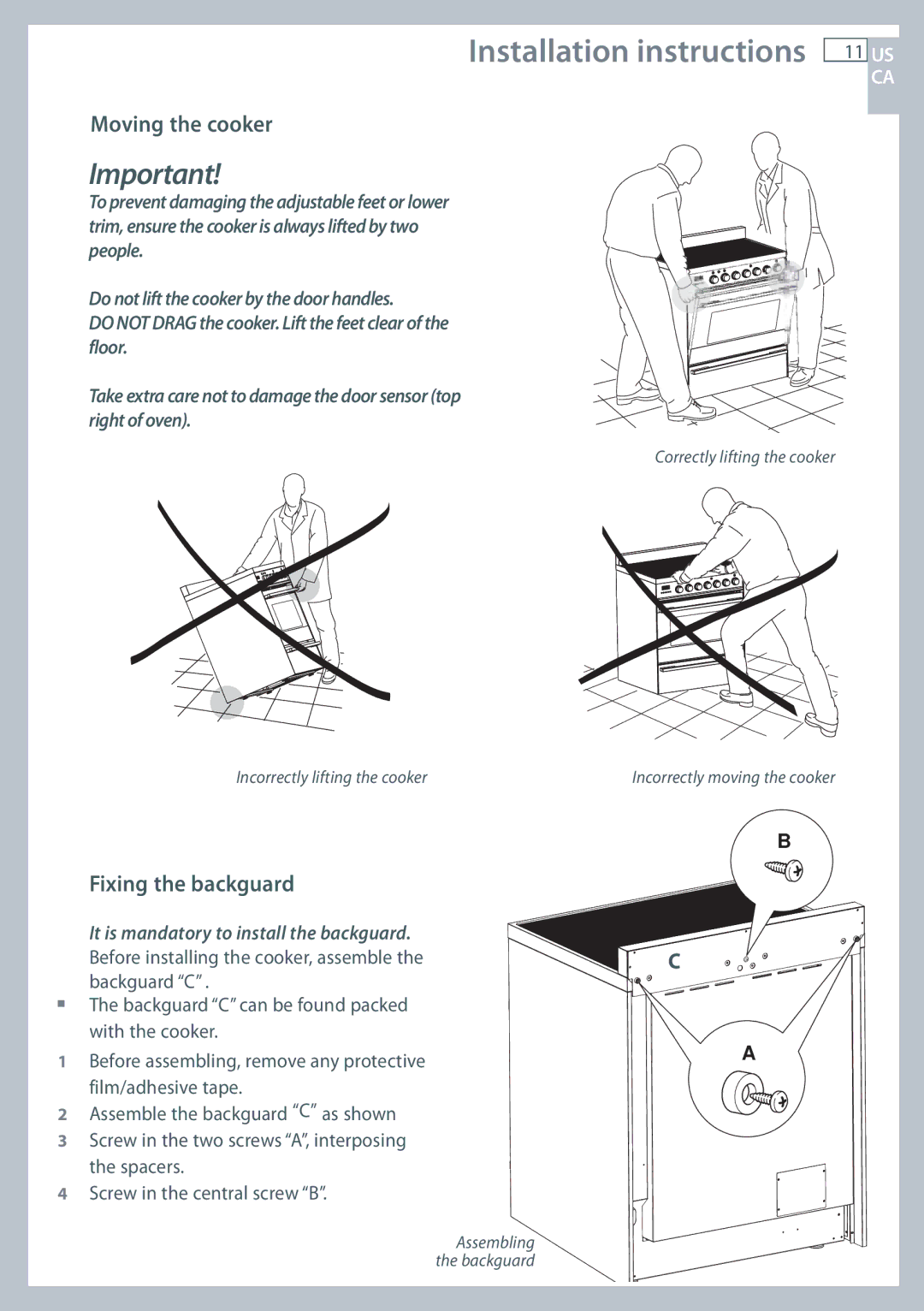 Fisher & Paykel OR305SDPWSX Installation instructions 11 US, Moving the cooker, Fixing the backguard 