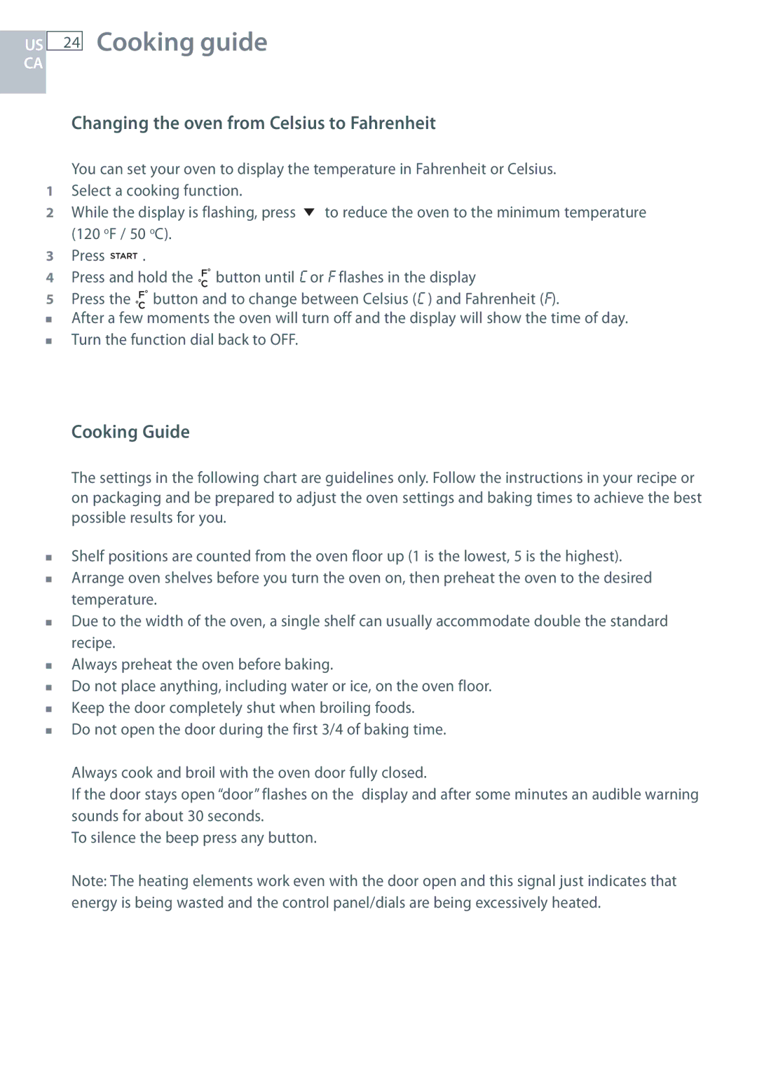 Fisher & Paykel OR305SDPWSX Cooking guide, Changing the oven from Celsius to Fahrenheit, Cooking Guide 